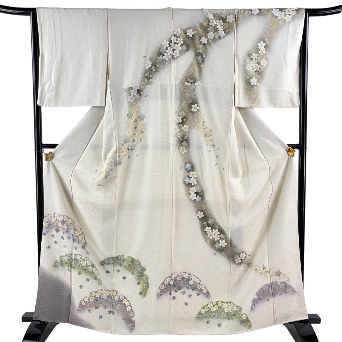 正絹薄目の緑　上品二重紗 幅大きめ 訪問着 身丈164cm 裄丈64.5cm M 袷 雪芝 桜 金彩 ぼかし クリーム 正絹