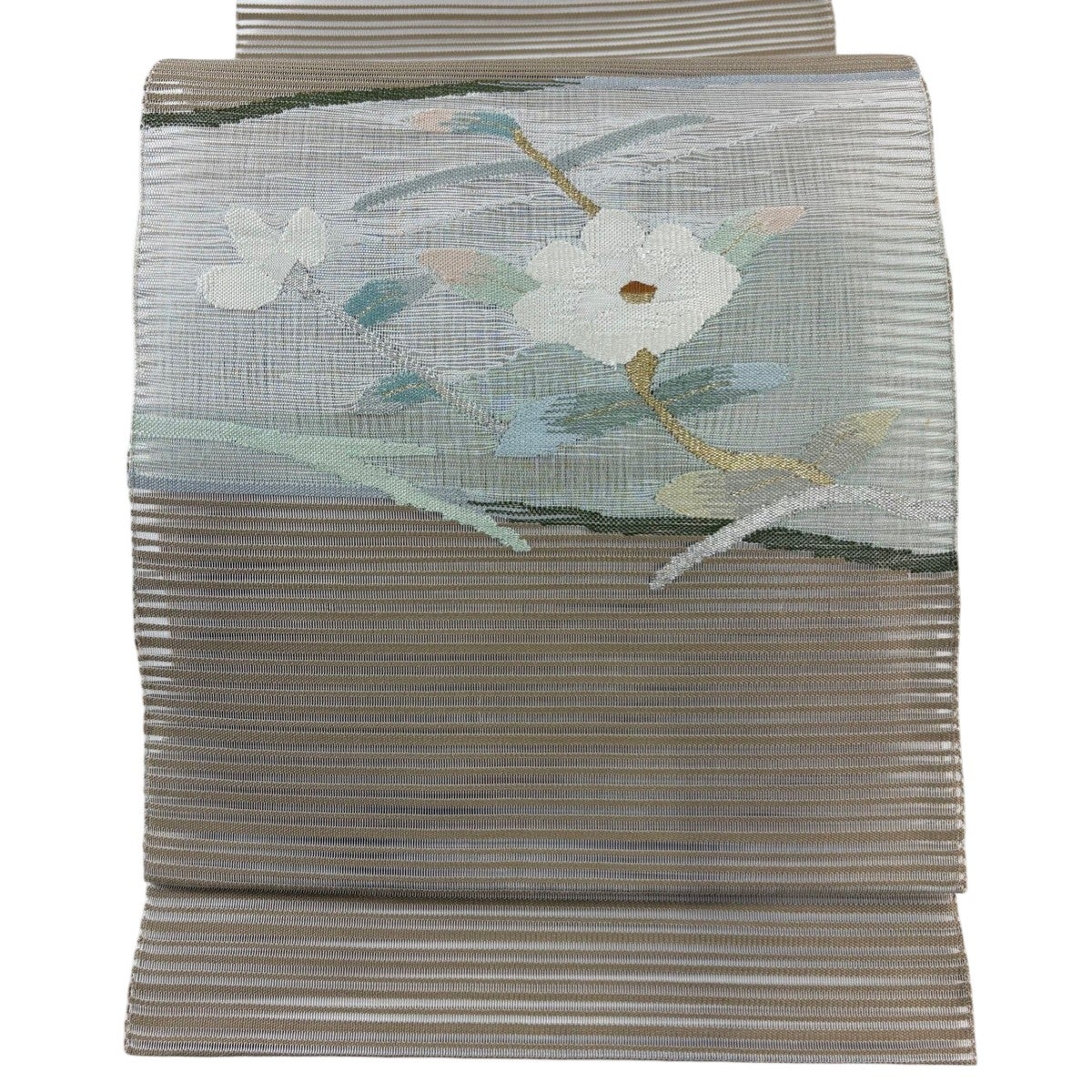 名古屋帯　松葉仕立て　綴れ織　霞　金糸　銀糸　着物　105tz 美品】 名古屋帯 秀品 八寸名古屋帯 松葉仕立て 霞 縞 金銀糸 薄茶色