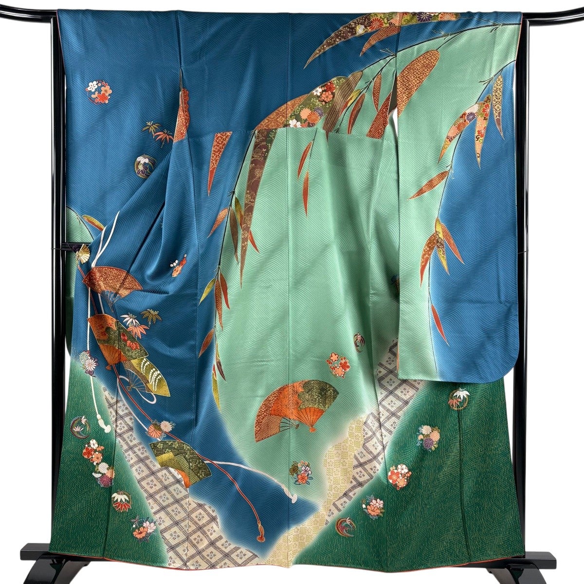 振袖 身丈161cm 裄丈64.5cm M 袷 扇 松竹梅 金糸 金彩 青緑 正絹 秀品