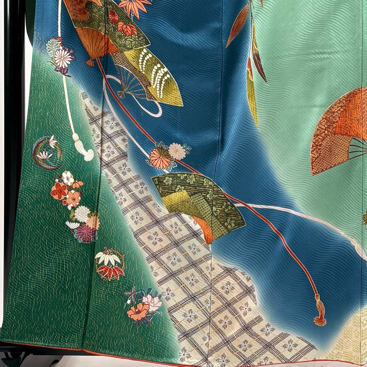 振袖 身丈161cm 裄丈64.5cm M 袷 扇 松竹梅 金糸 金彩 青緑 正絹 秀品