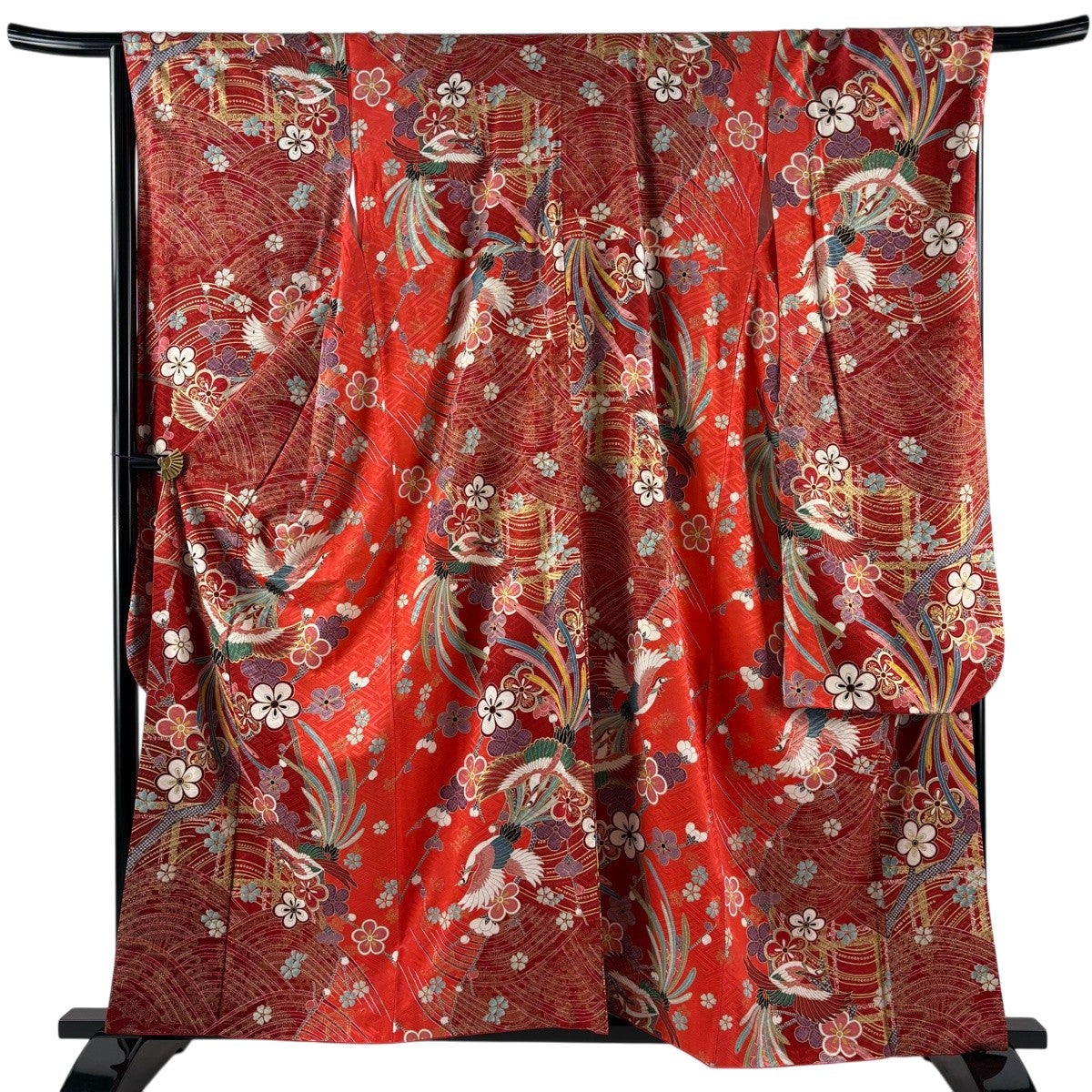 振袖 身丈160.5cm 裄丈68cm L 袷 鳳凰 梅 金彩 染め分け 赤 正絹 秀品