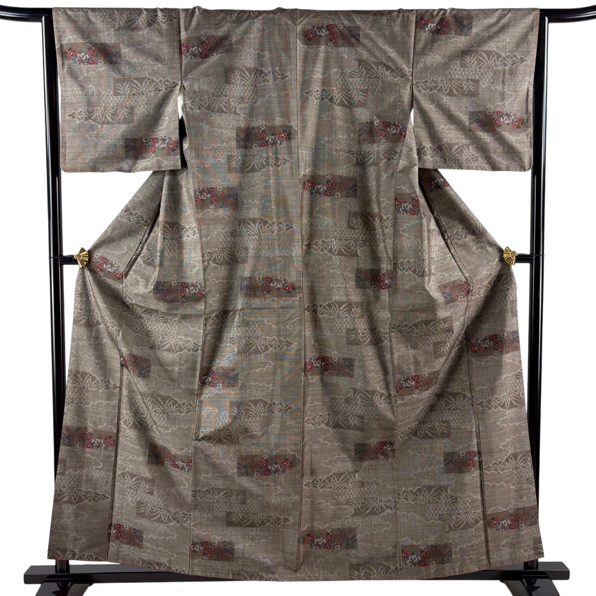 紬 身丈155cm 裄丈62cm S 袷 雲文 焦茶色 正絹 秀品｜中古・古着