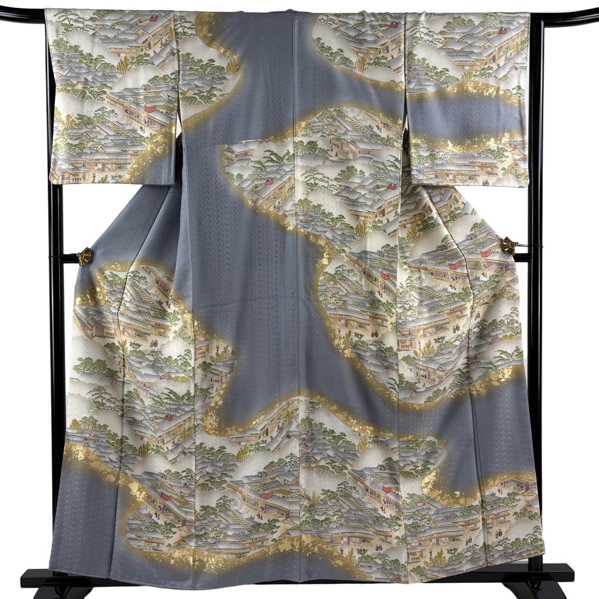 美品】 訪問着 身丈159cm 裄丈65cm M 袷 風景 人物 金彩 青灰色 正絹