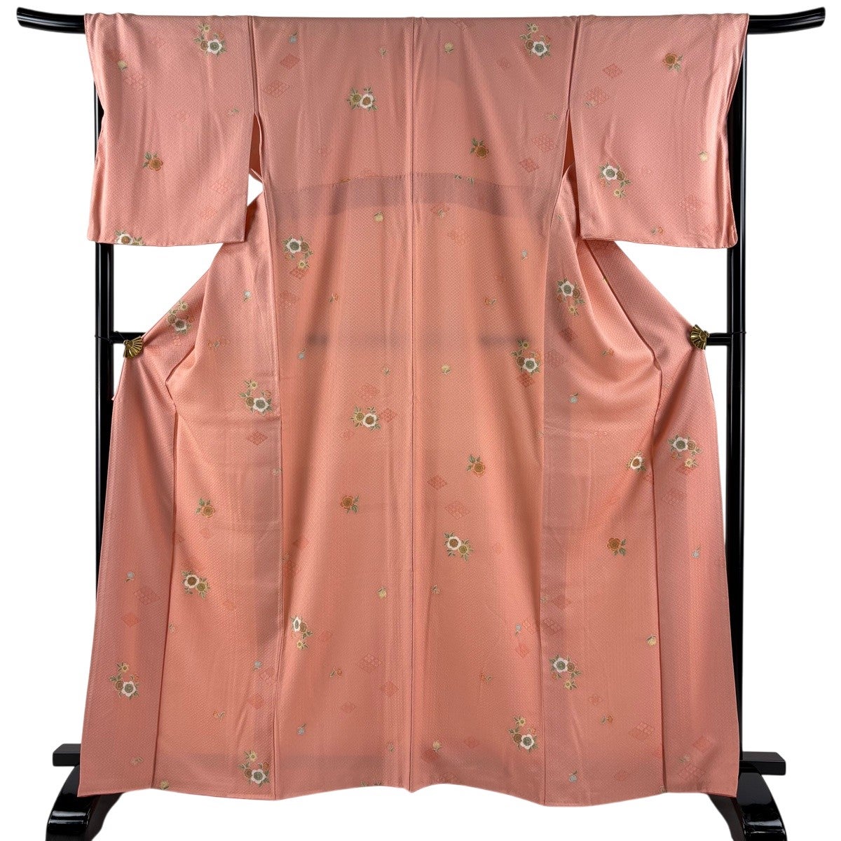 小紋 身丈163cm 裄丈65cm M 袷 花唐草 地紋 ピンク 正絹 優品｜中古