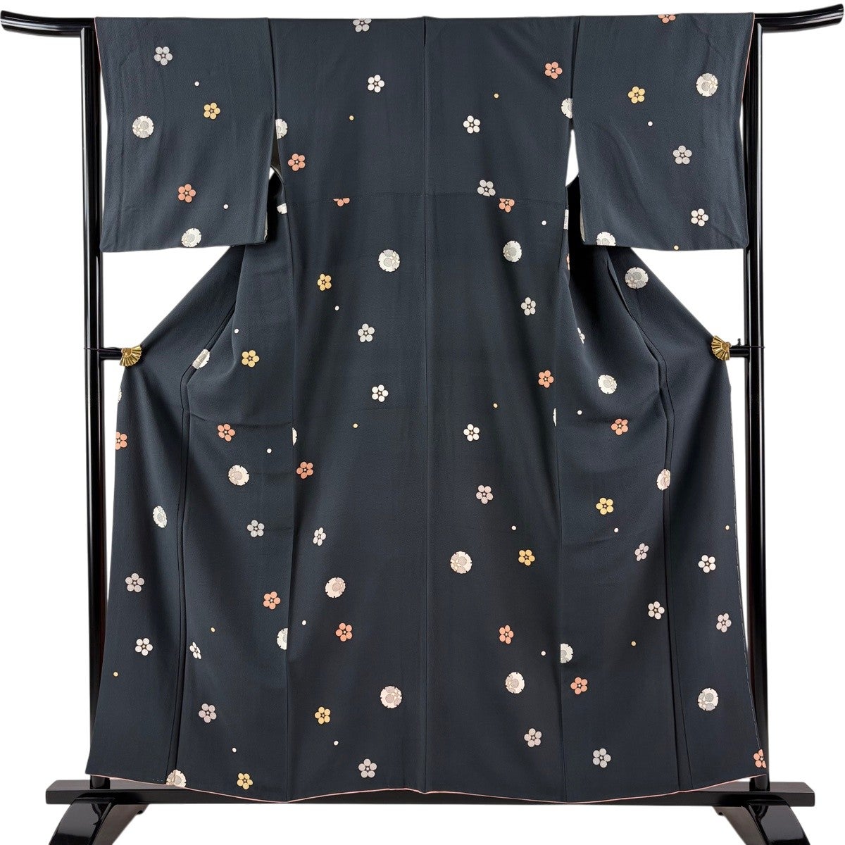 小紋 身丈157.5cm 裄丈64cm M 袷 雪輪 梅 金彩 深緑 正絹 秀品｜中古