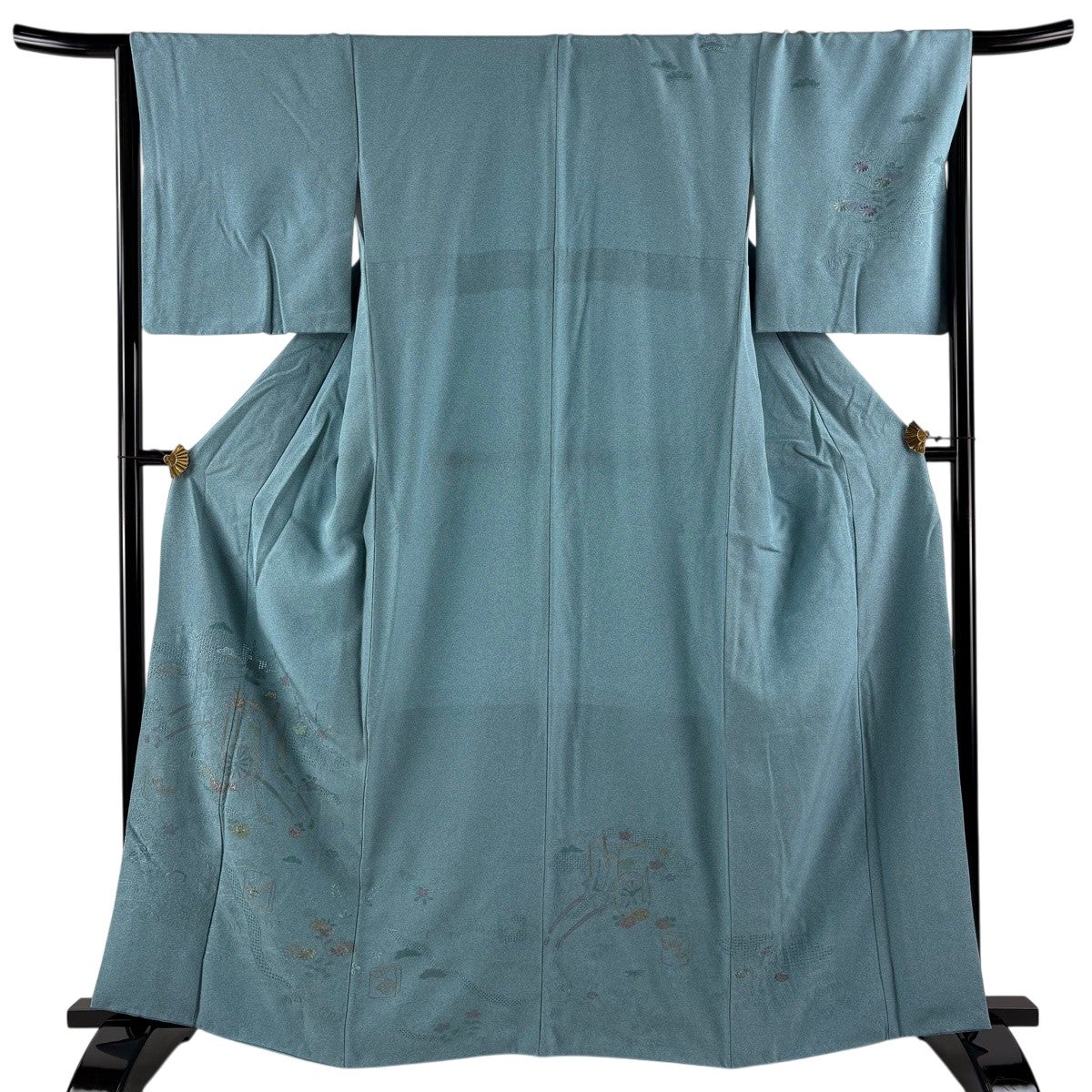 訪問着 身丈162.5cm 裄丈66.5cm M 袷 御所車 松竹梅 金糸 刺繍 水色