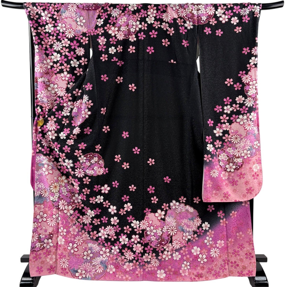美品】 振袖 身丈170cm 裄丈71cm L 袷 桜 雪輪 銀通し 金糸 黒 正絹