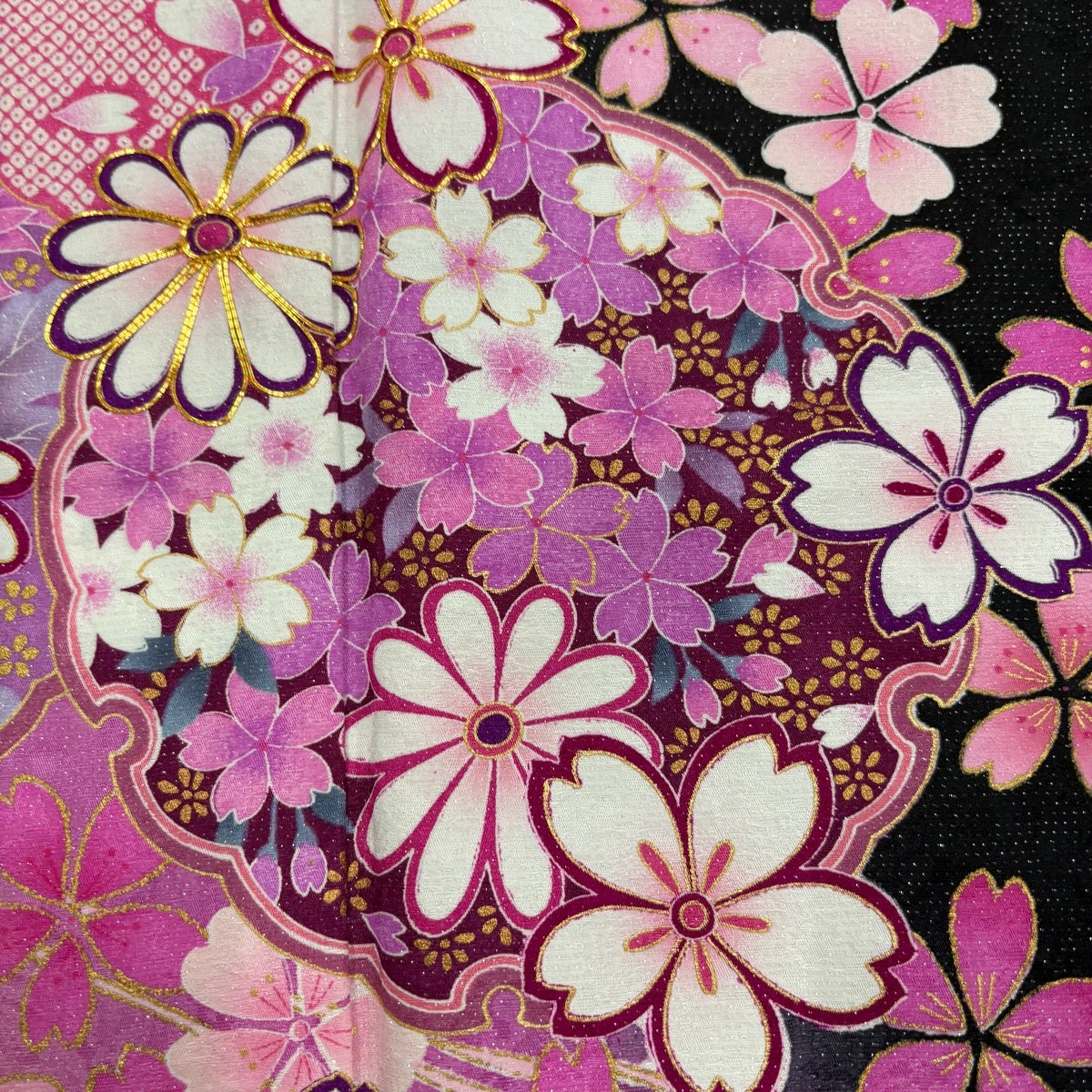 美品】 振袖 身丈170cm 裄丈71cm L 袷 桜 雪輪 銀通し 金糸 黒 正絹