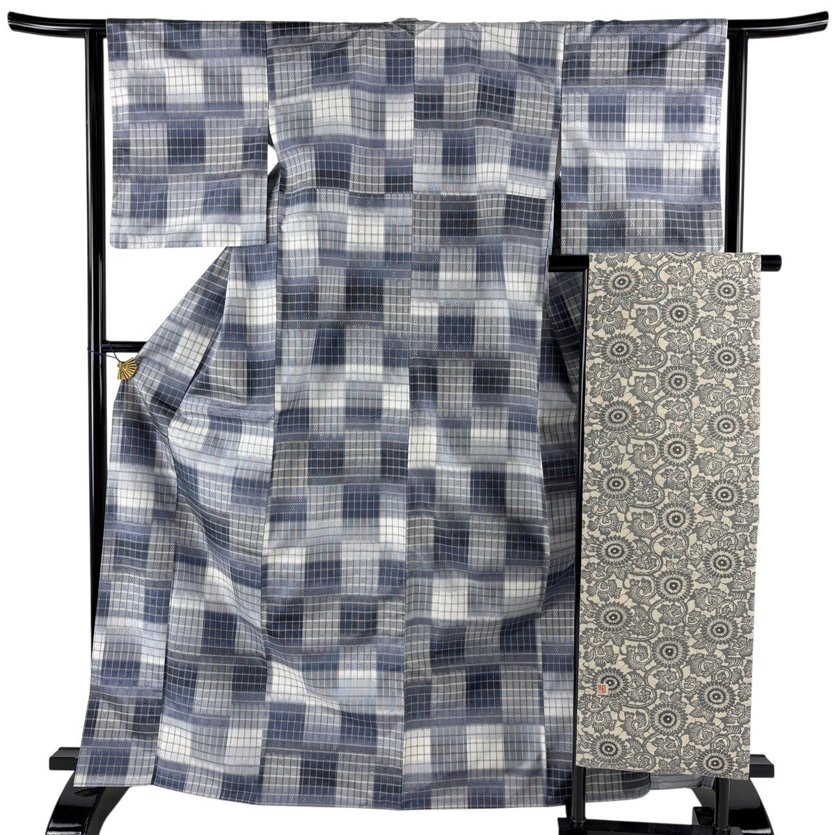美品】 紬 身丈167cm 裄丈63cm S 袷 名古屋帯セット 格子 幾何学模様