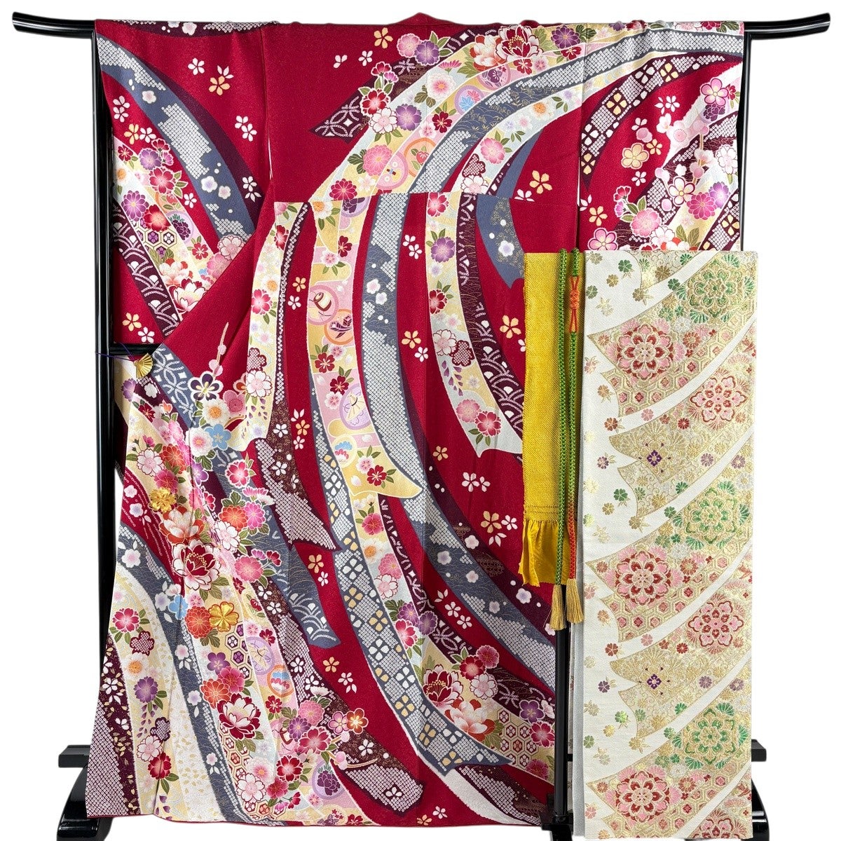 美品】 振袖 身丈171cm 裄丈68cm L 袷 袋帯フルセット 草花 熨斗 銀