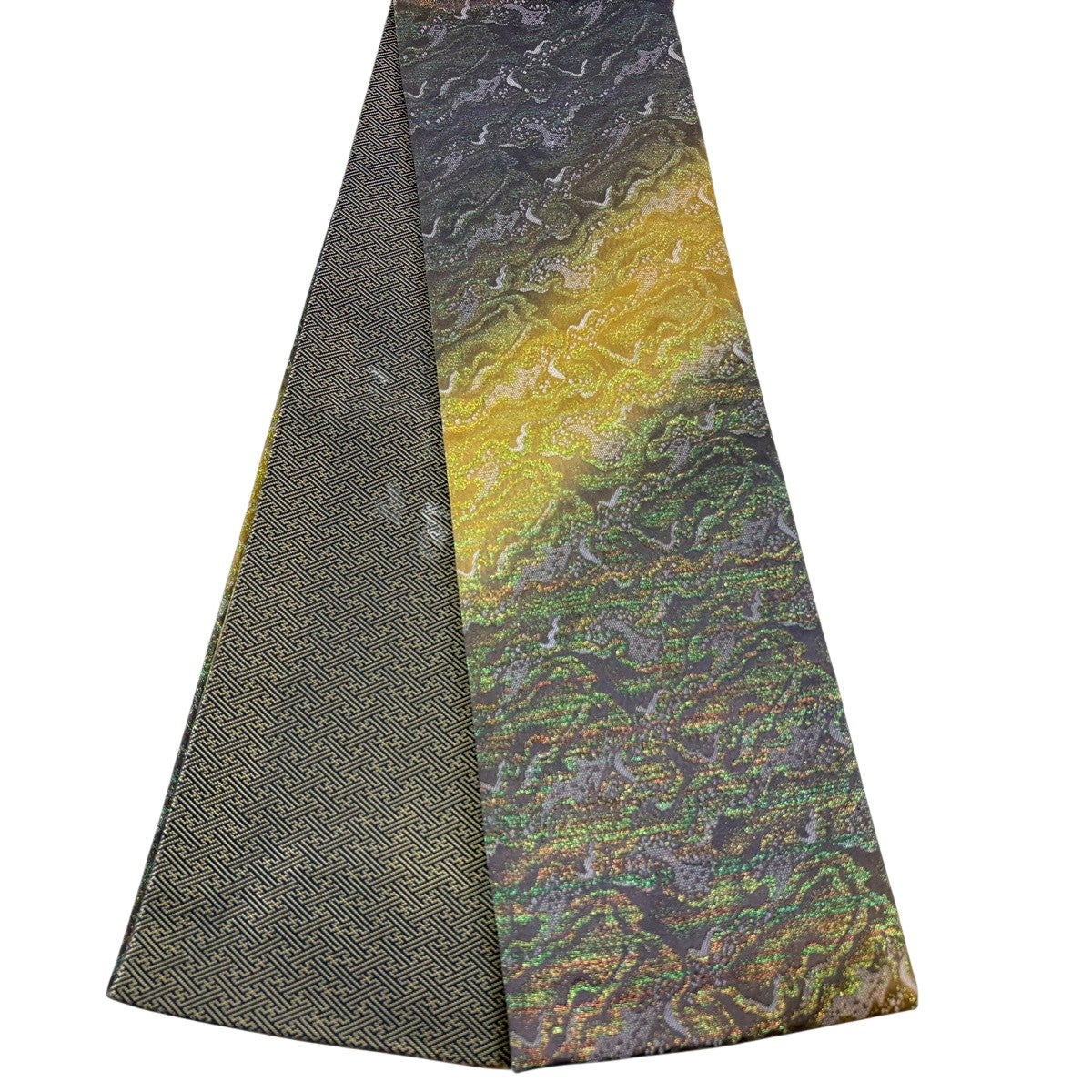 美品 袋帯 グラデーション 幾何学模様 美品】半幅帯 名品 幾何学模様 ラメ箔 ぼかし 灰紫 正絹｜中古・古着