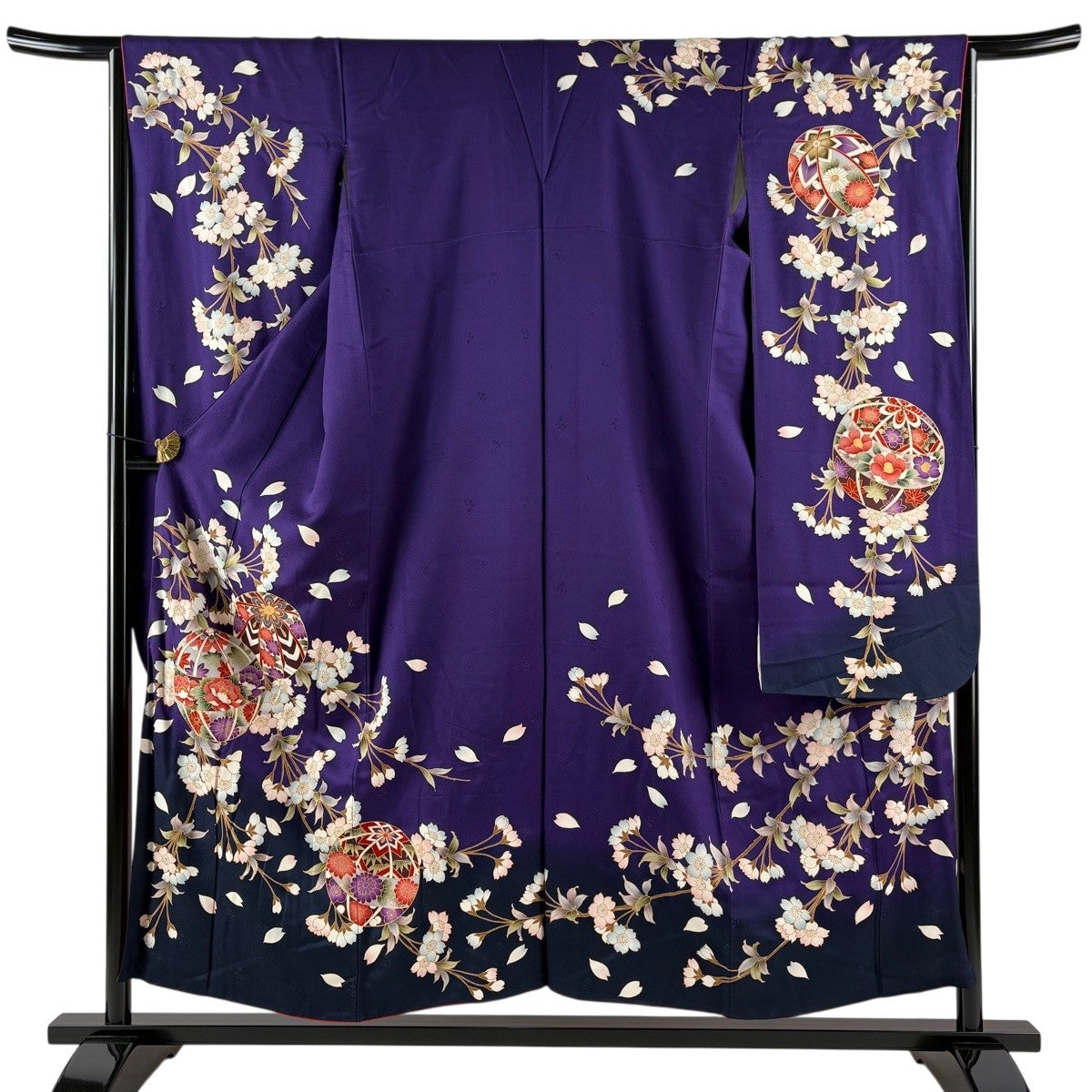 振袖 身丈154.5cm 裄丈65cm M 袷 手鞠 桜 金彩 染め分け 紫 正絹 秀品