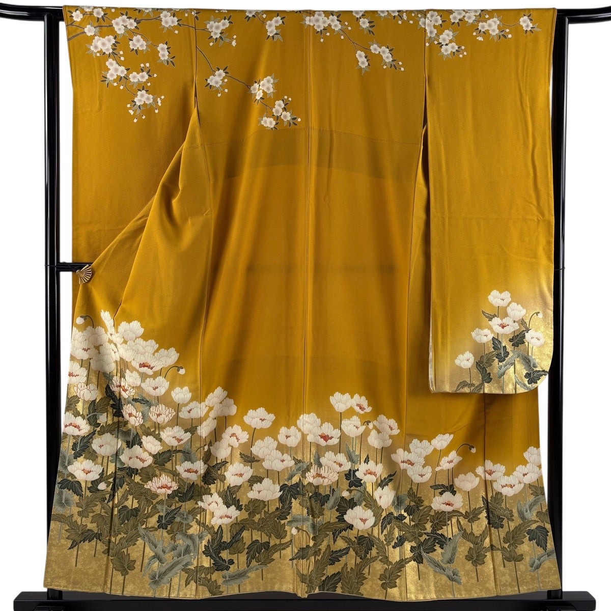 振袖 身丈155cm 裄丈63cm S 袷 草花 金糸 金彩 山吹色 正絹 秀品｜中古