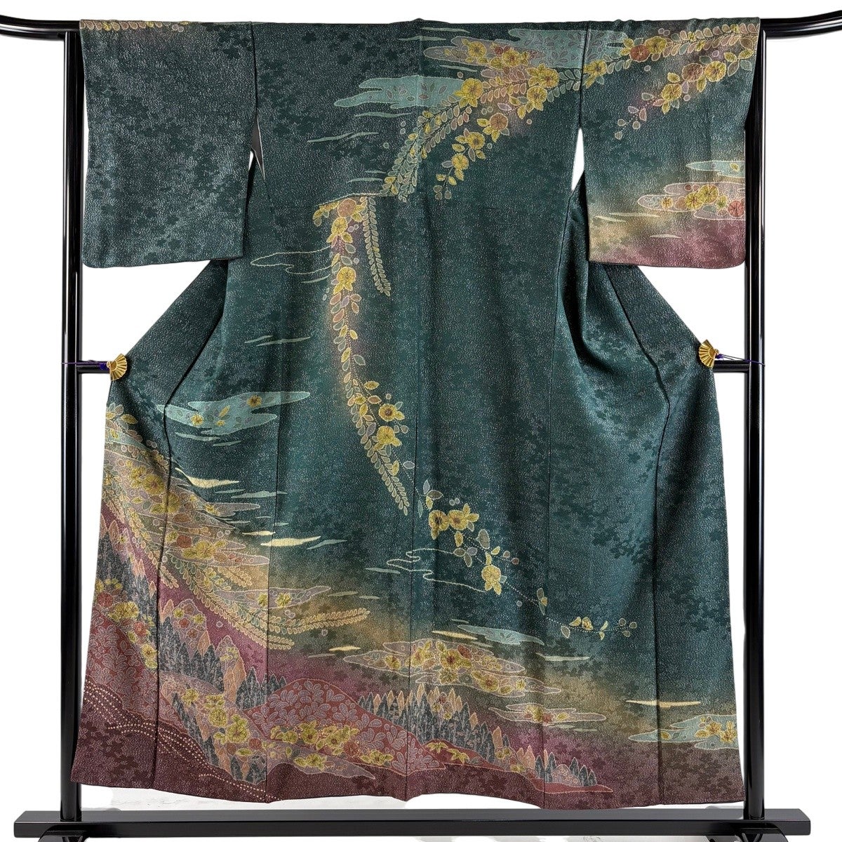 美品】 訪問着 身丈159cm 裄丈65cm M 袷 花車 流水 金彩 ぼかし 鶯色