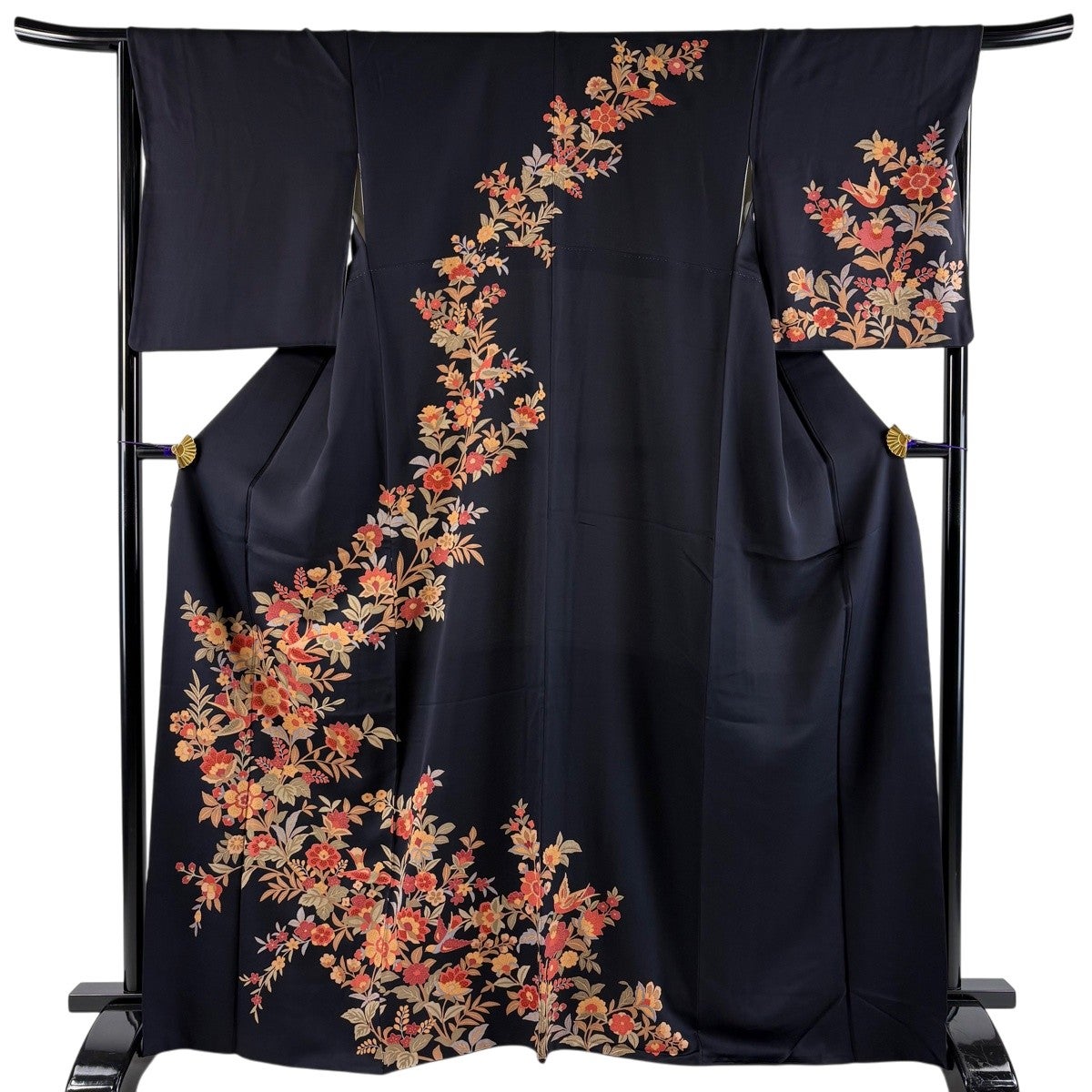 訪問着 身丈166.5cm 裄丈66cm M 袷 草花 鳥 金彩 黒 正絹 秀品｜中古