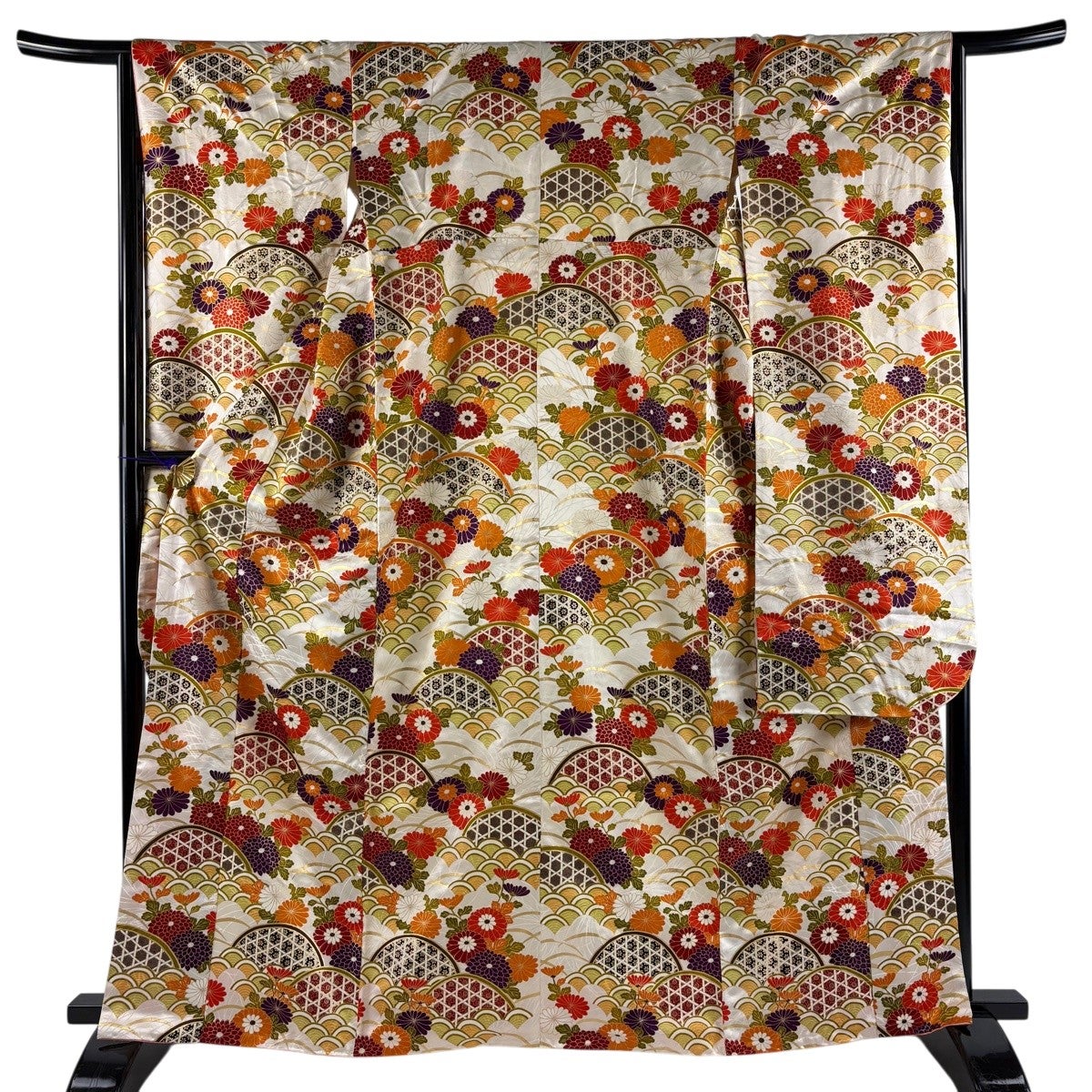 振袖 身丈163cm 裄丈64cm M 袷 菊 青海波 金彩 クリーム 正絹 秀品