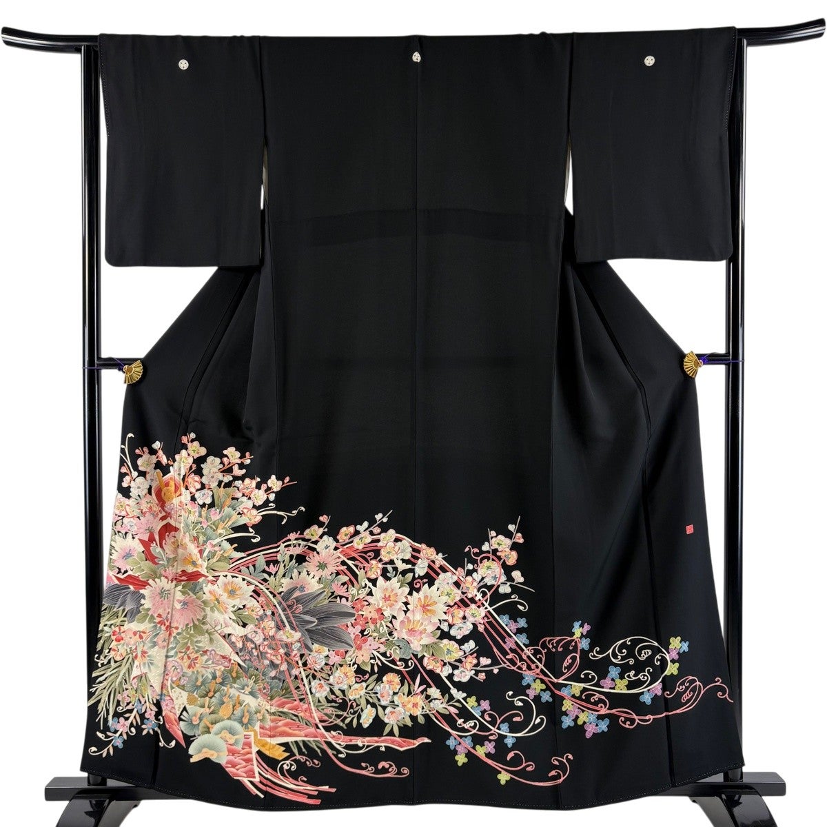 黒留袖 身丈161cm 裄丈67cm M 袷 落款あり 松竹梅 花鳥 黒 正絹 秀品