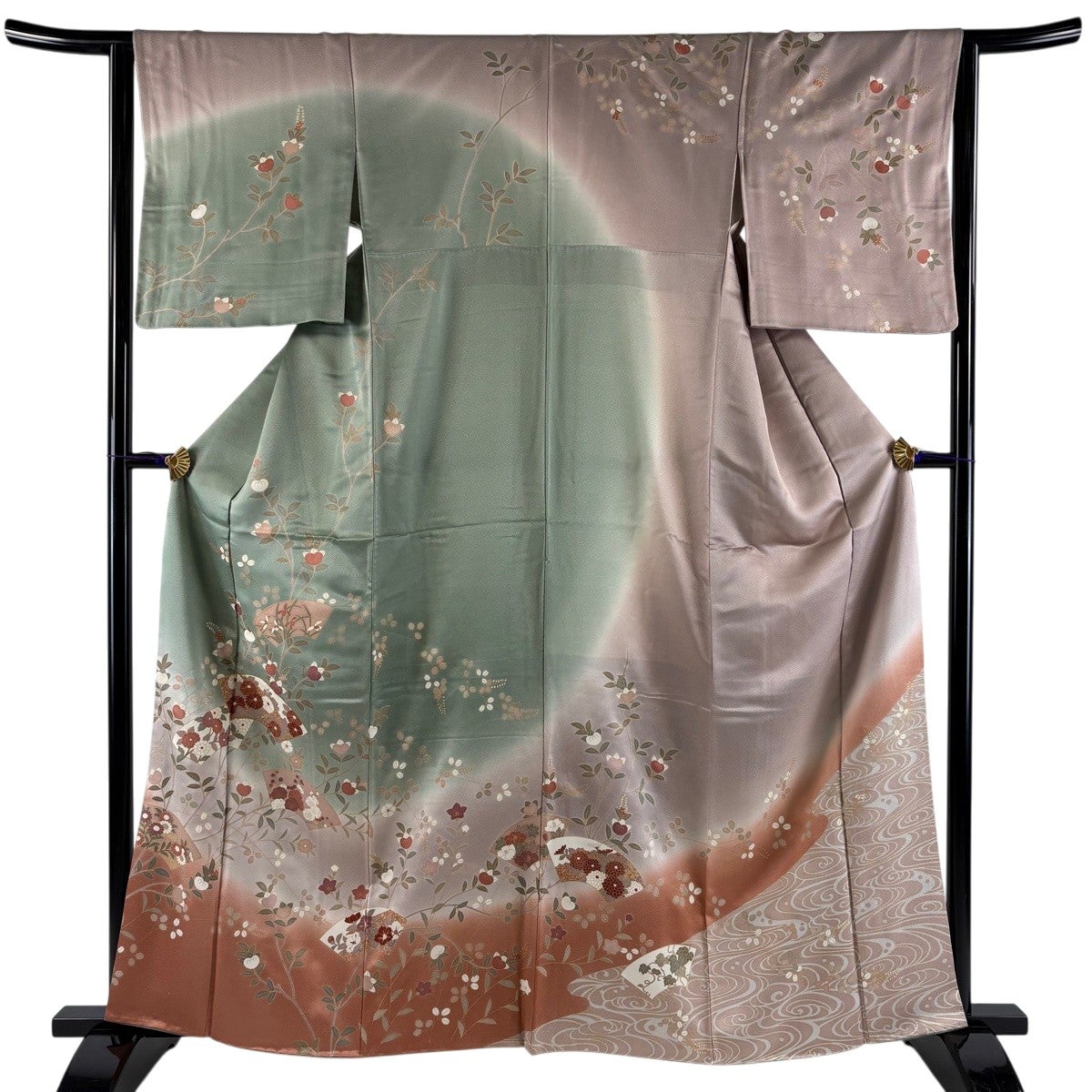 美品】 訪問着 身丈162.5cm 裄丈63.5cm S 袷 菊 扇面 金糸 金彩 灰緑