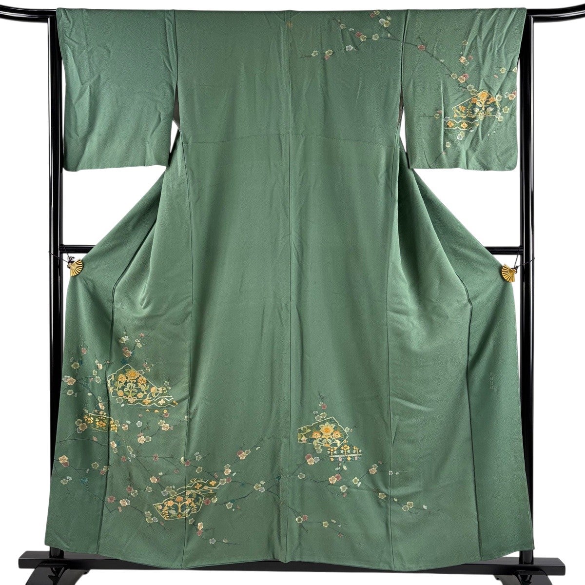 訪問着 身丈158cm 裄丈64.5cm M 袷 枝梅 草花 蘇州刺繍 金糸 緑 正絹