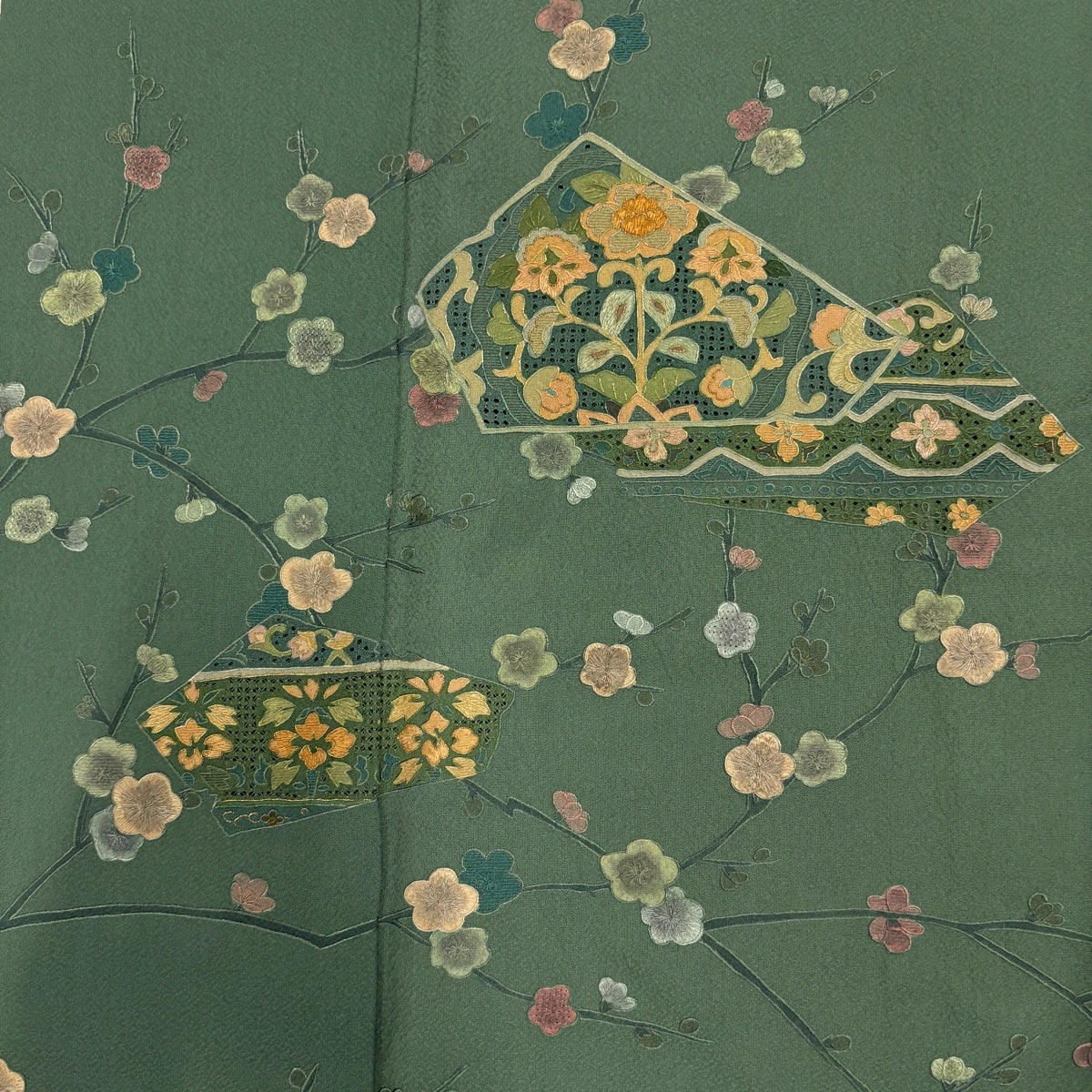 訪問着 身丈158cm 裄丈64.5cm M 袷 枝梅 草花 蘇州刺繍 金糸 緑 正絹