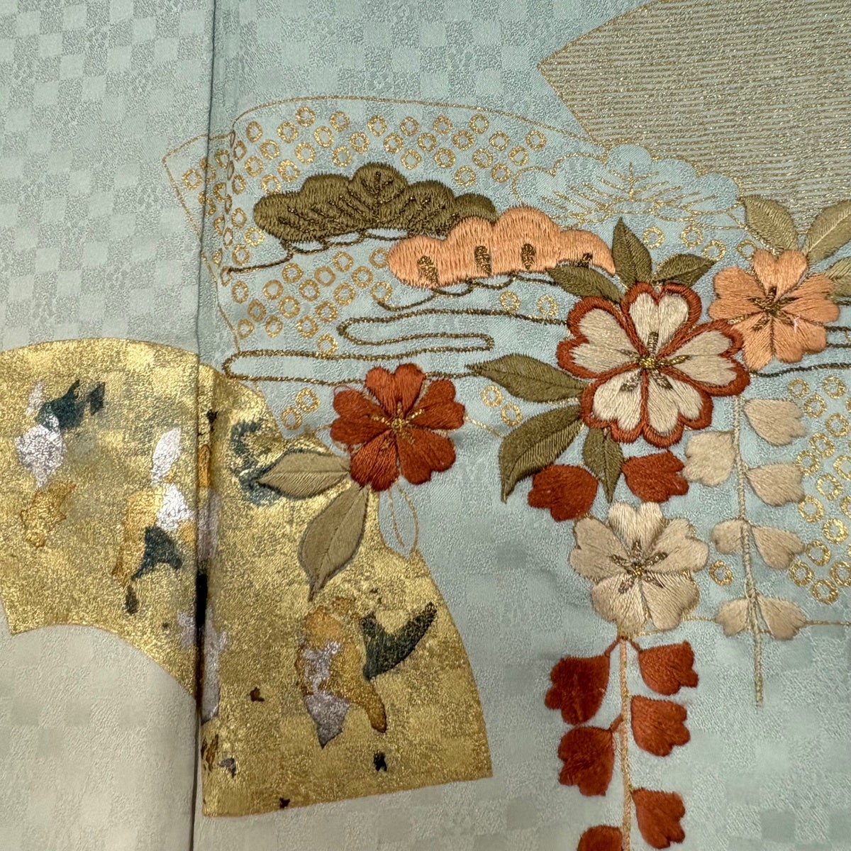 付下げ 身丈160.5cm 裄丈64cm M 袷 扇面 草花 金彩 刺繍 水色 正絹 秀