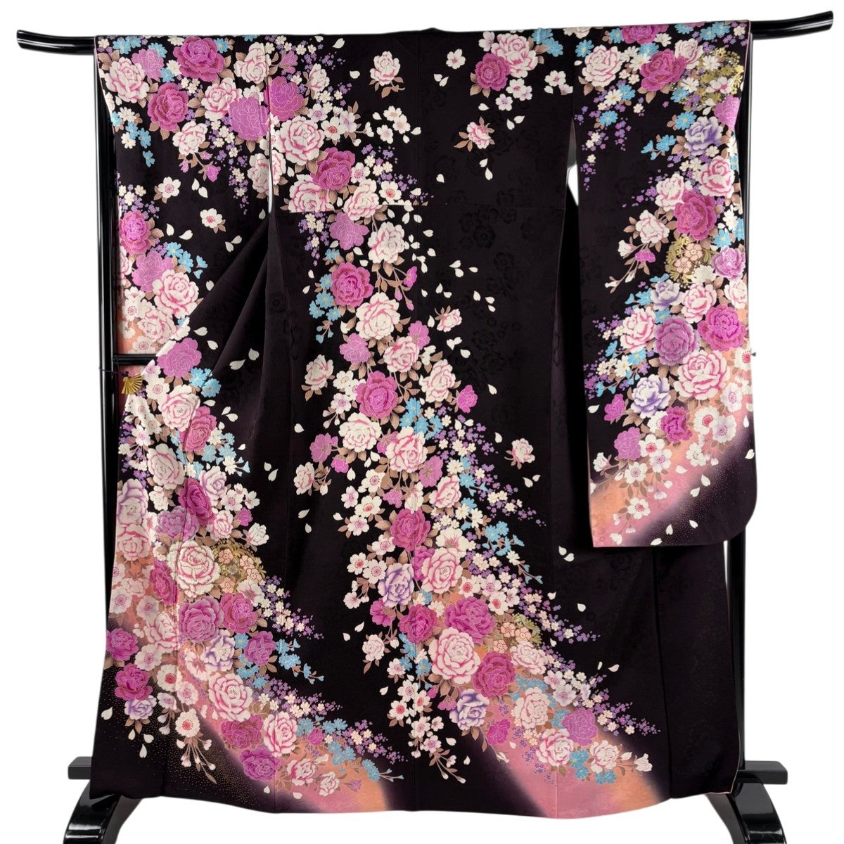 美品】 振袖 身丈160cm 裄丈66cm M 袷 草花 ぼかし 濃紫 正絹 秀品