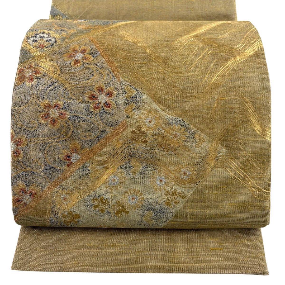 50%OFF 袋帯 秀品 花唐草 道長取 金銀糸 箔 金色 六通 正絹 K50｜中古