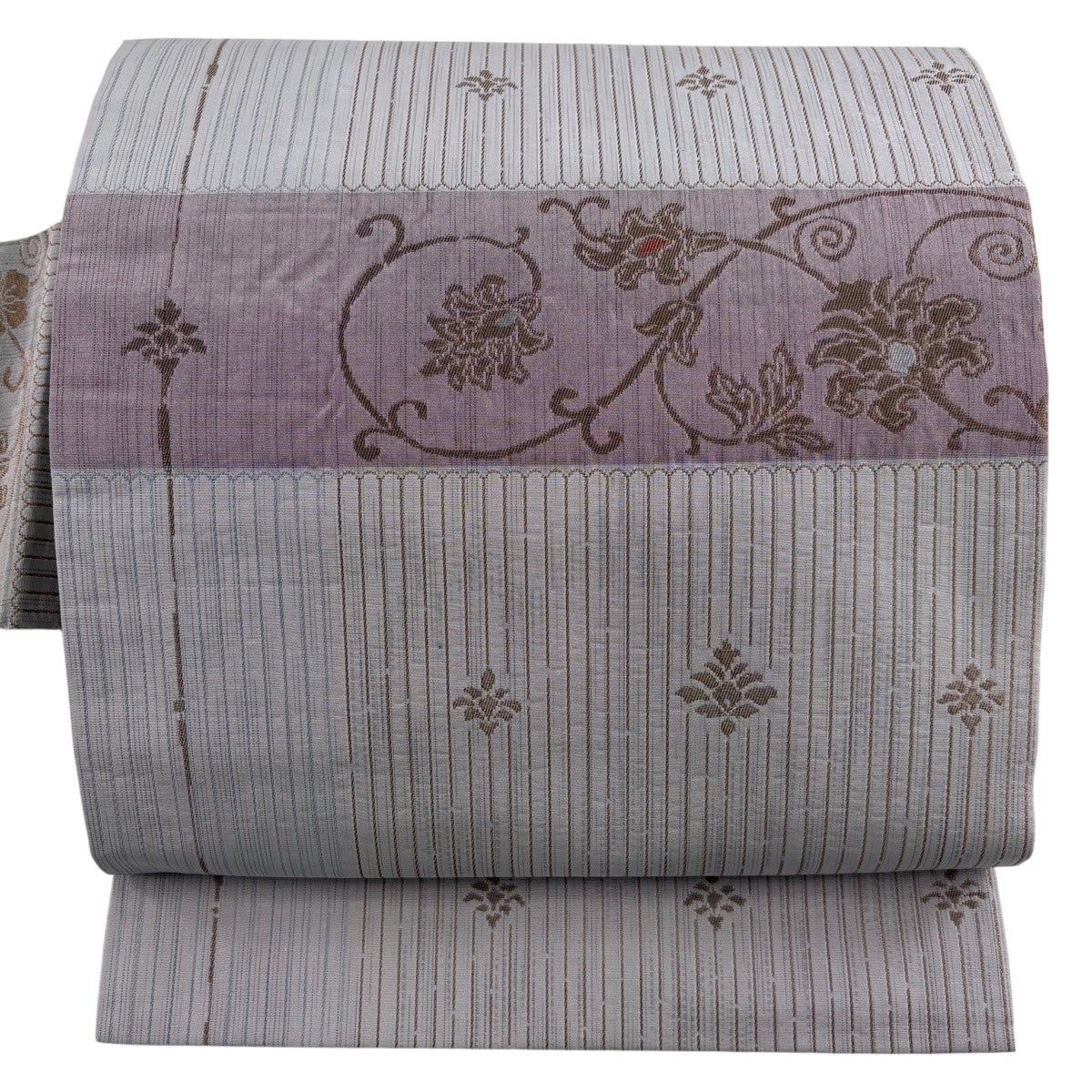 おまとめ　名古屋帯　花唐草　チャコール 美品】 名古屋帯 名品 花唐草 草花 金糸 灰紫 正絹｜中古・古着