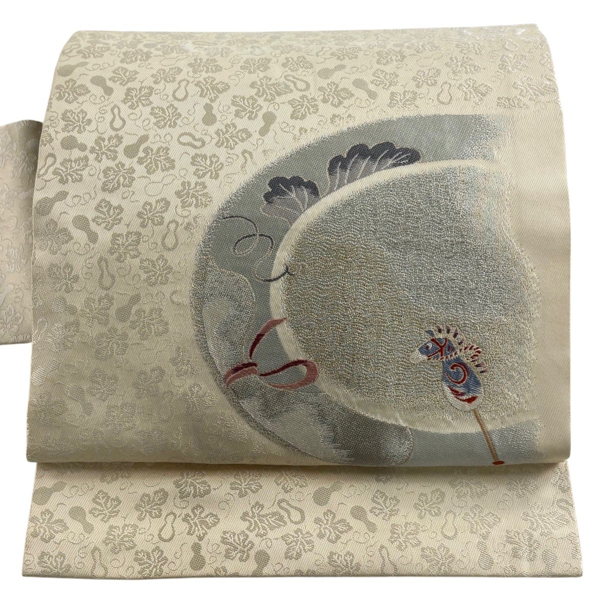 名古屋帯 秀品 華文 草花 金糸 金銀彩 ベージュ 正絹｜中古・古着
