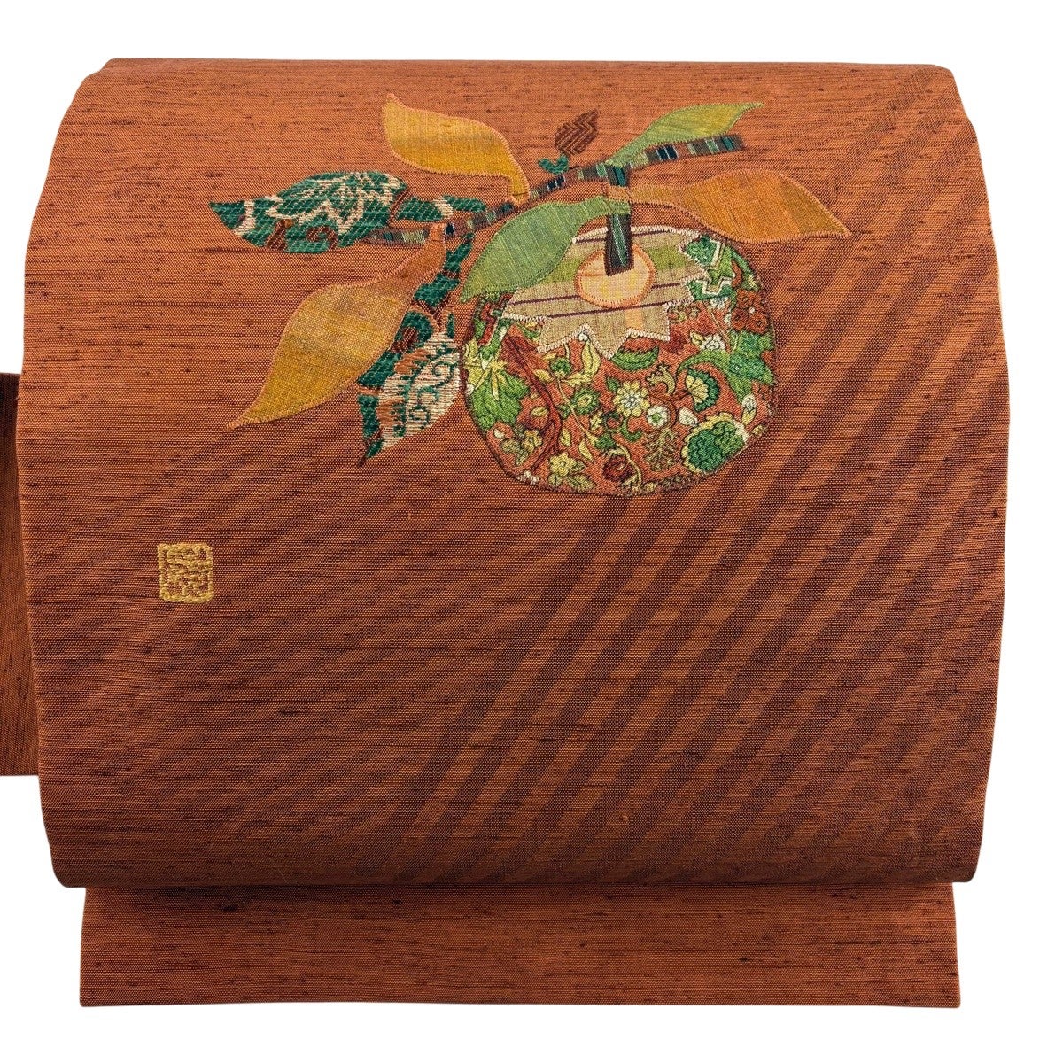 美品】 名古屋帯 秀品 落款あり 紬地 生り物 草花 オレンジ 正絹｜中古