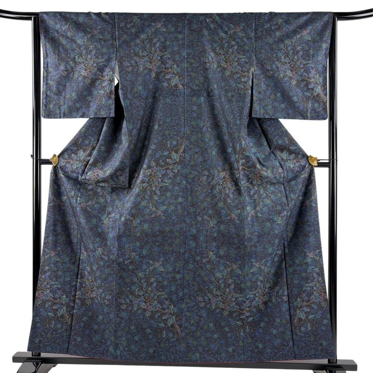 紬 身丈160.5cm 裄丈64cm M 袷 草花 花器 灰色 正絹 優品｜中古・古着