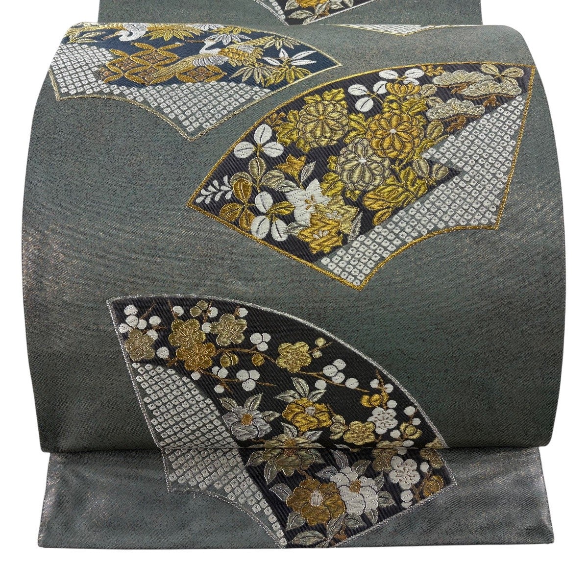 美品】 名古屋帯 秀品 八寸名古屋帯 松葉仕立て 扇面 枝梅 金銀糸 綴れ