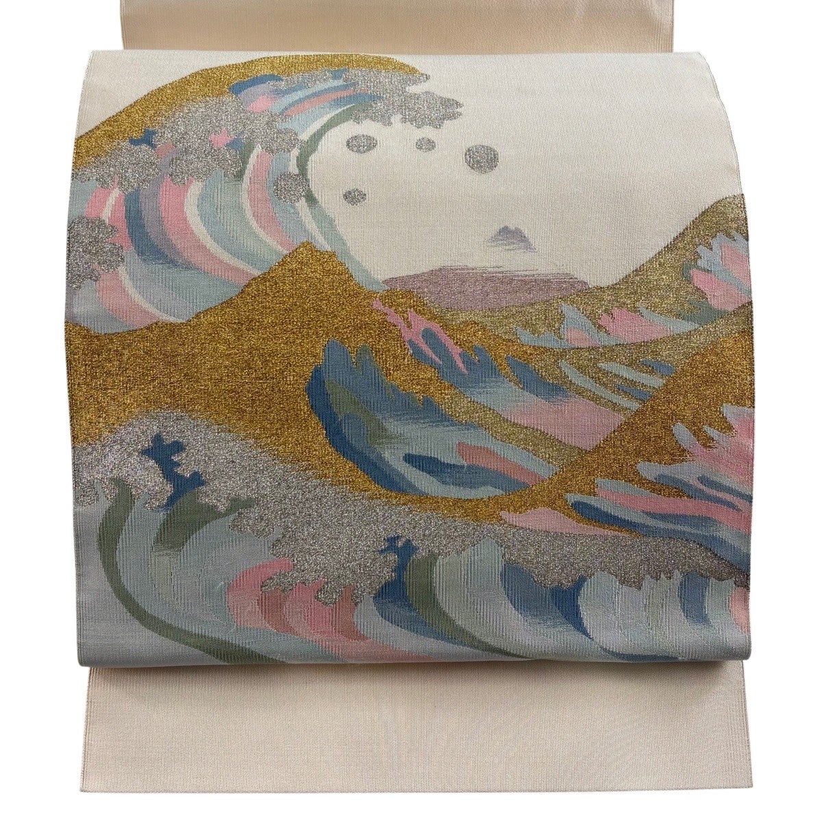 美品】 名古屋帯 秀品 八寸名古屋帯 松葉仕立て 波頭 金銀糸 クリーム