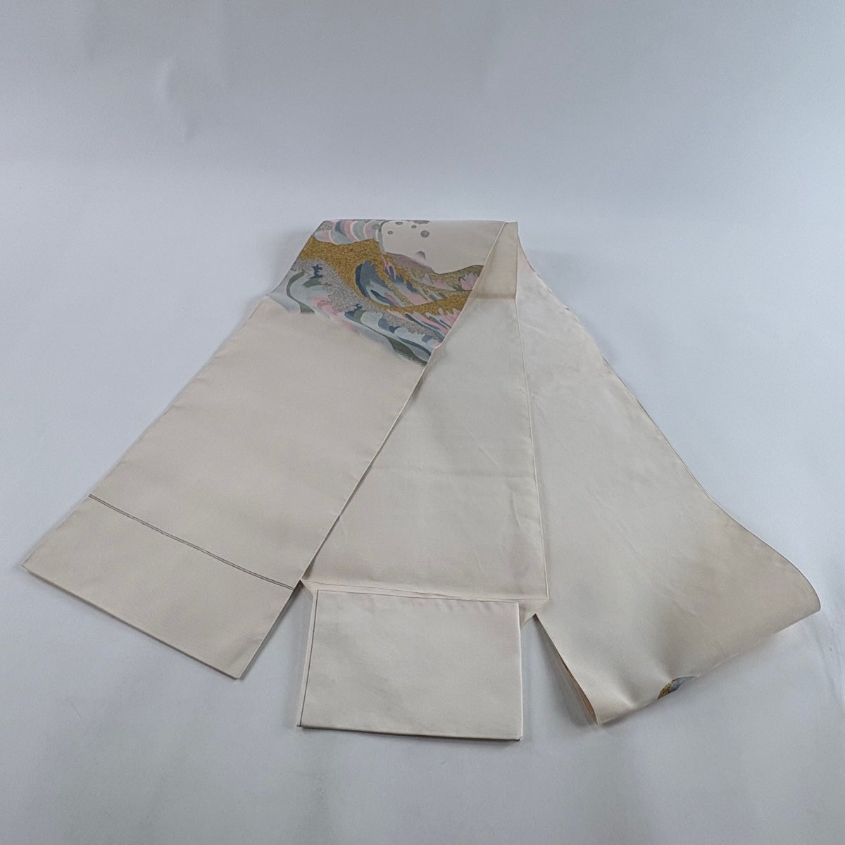 美品】 名古屋帯 秀品 八寸名古屋帯 松葉仕立て 波頭 金銀糸 クリーム