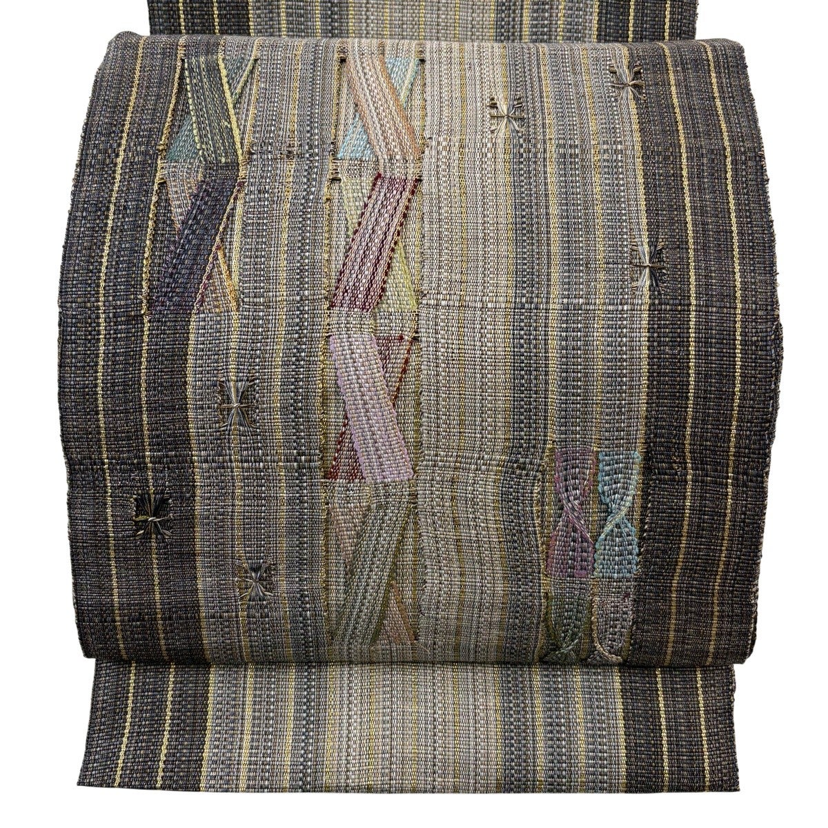 美品】 名古屋帯 秀品 八寸名古屋帯 松葉仕立て 縞 幾何学模様 金糸