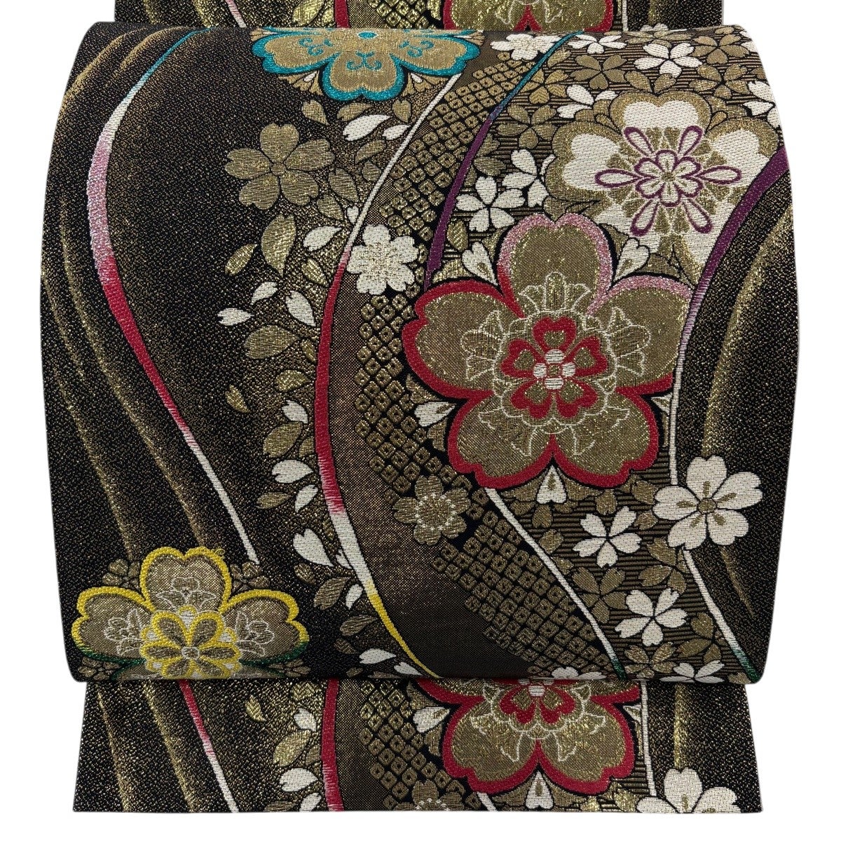 袋帯 秀品 振袖向き 桜 流水 銀糸 箔 金色 六通 正絹｜中古・古着