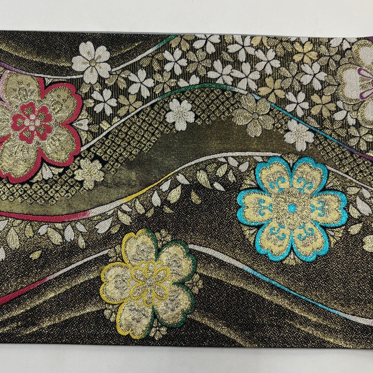 袋帯 秀品 振袖向き 桜 流水 銀糸 箔 金色 六通 正絹｜中古・古着