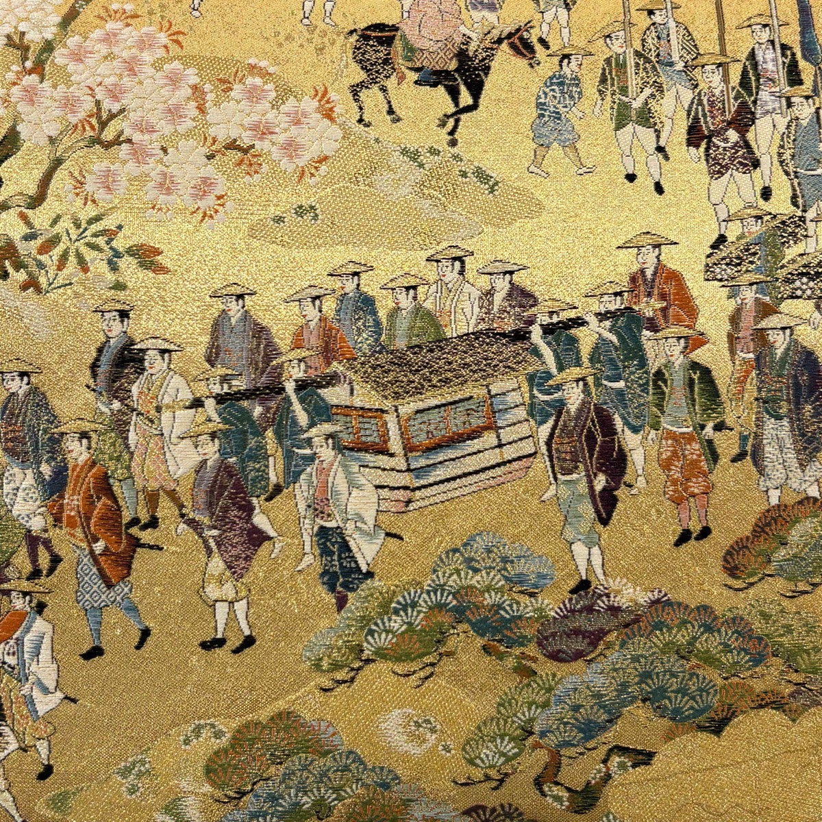 新品　薄桜にゴージャスな金糸たっぷりの素晴らしい色留訪問着　2ウェイ袋帯　5点 美品】 袋帯 秀品 加賀藩大名行列 桜 金糸 箔 金色 六通 正絹｜中古