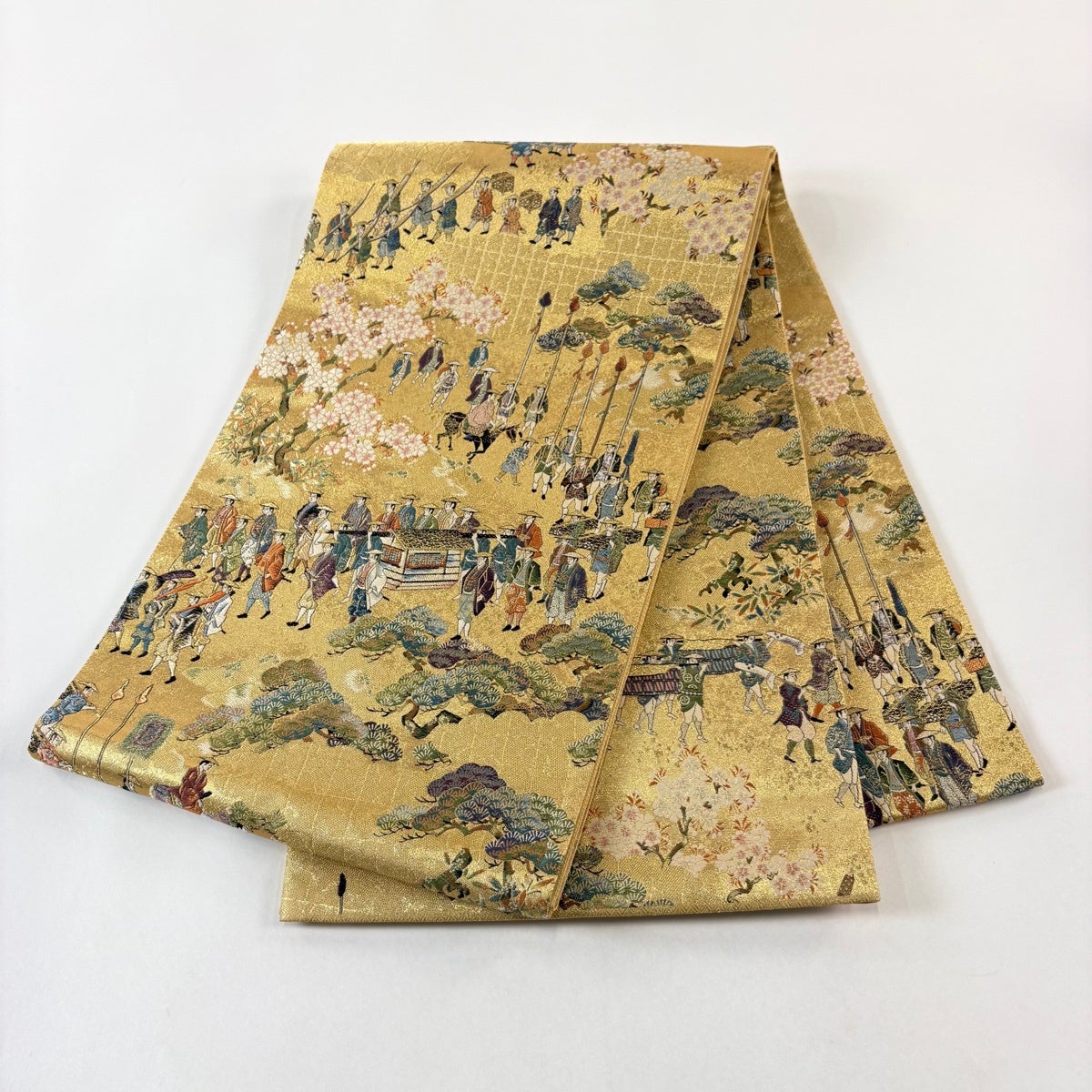 美品】 袋帯 秀品 加賀藩大名行列 桜 金糸 箔 金色 六通 正絹｜中古