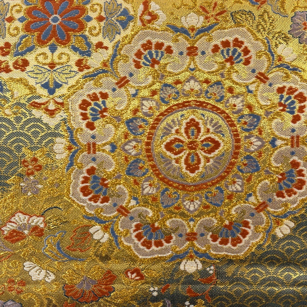 袋帯 秀品 華文 青海波 金糸 箔 灰緑 六通 正絹｜中古・古着