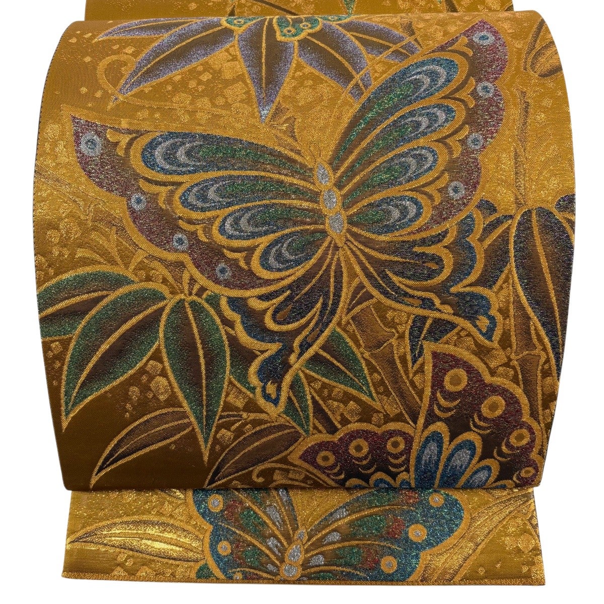 美品】 袋帯 秀品 蝶 桐 金糸 箔 山吹茶色 六通 正絹｜中古・古着