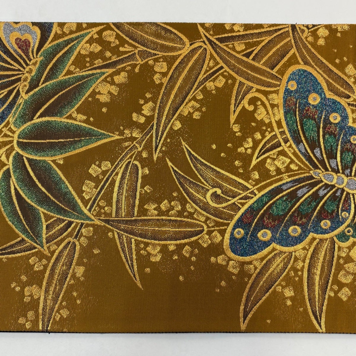 美品】 袋帯 秀品 蝶 桐 金糸 箔 山吹茶色 六通 正絹｜中古・古着
