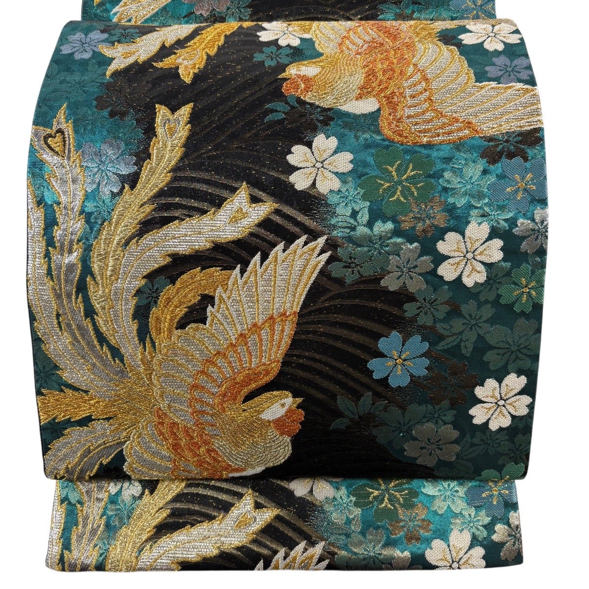 6k376 袋帯　絹　唐織　紺　青　緑　金色　白　花柄　和装　着物 美品】 袋帯 秀品 花唐草 斜縞 箔 唐織 青緑 六通 正絹｜中古・古着