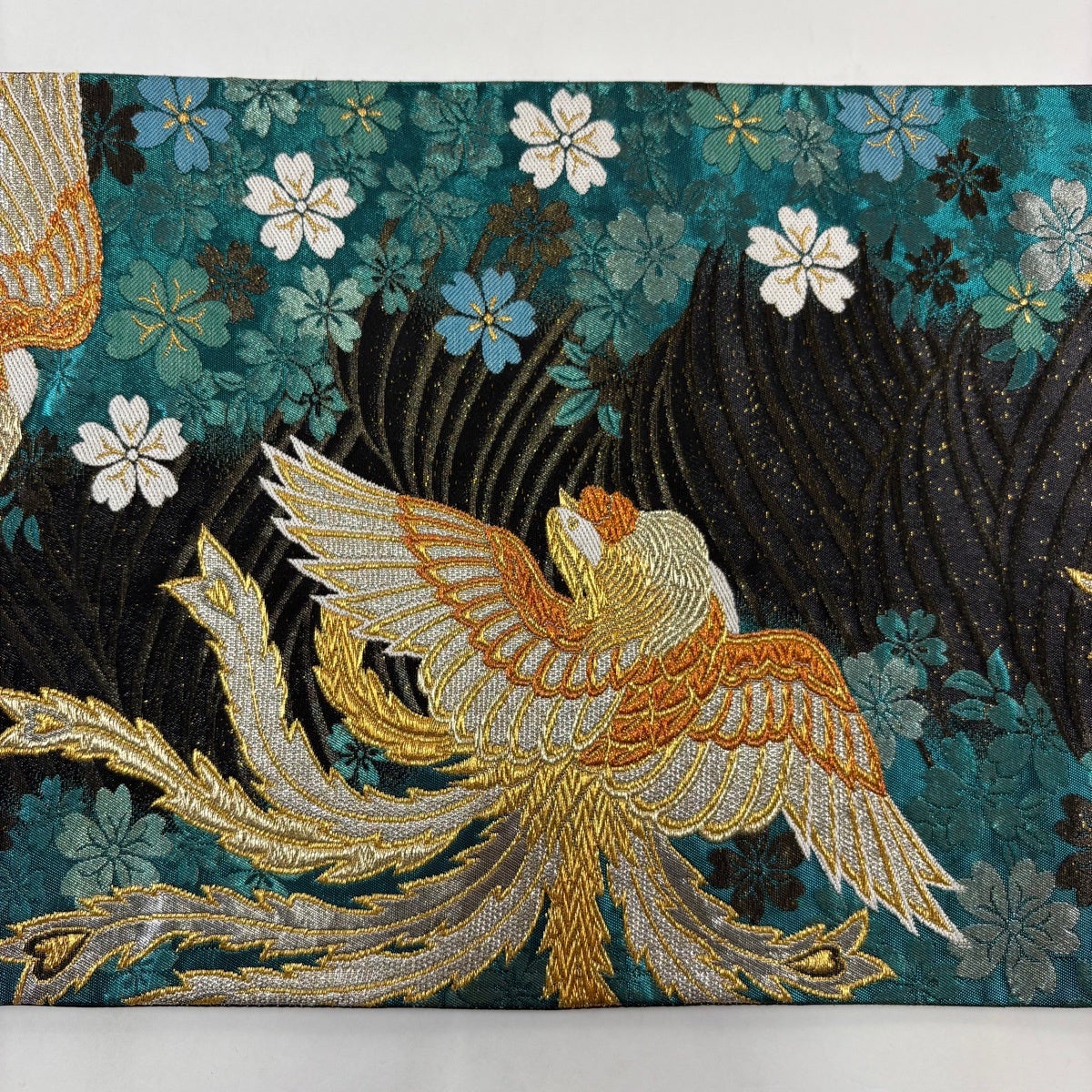 美品】 袋帯 秀品 鳳凰 桜 金糸 箔 青緑 六通 正絹｜中古・古着
