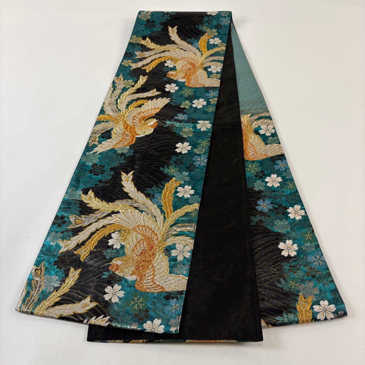 美品】 袋帯 秀品 鳳凰 桜 金糸 箔 青緑 六通 正絹｜中古・古着