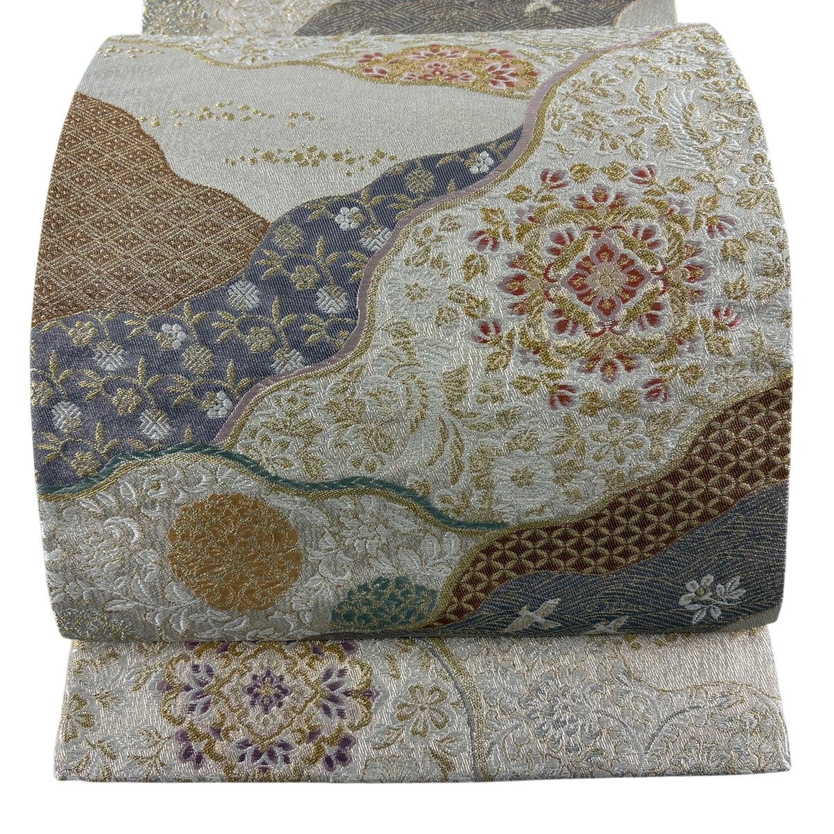 袋帯 秀品 やまと 華文 花鳥 金銀糸 箔 灰白 六通 正絹｜中古・古着