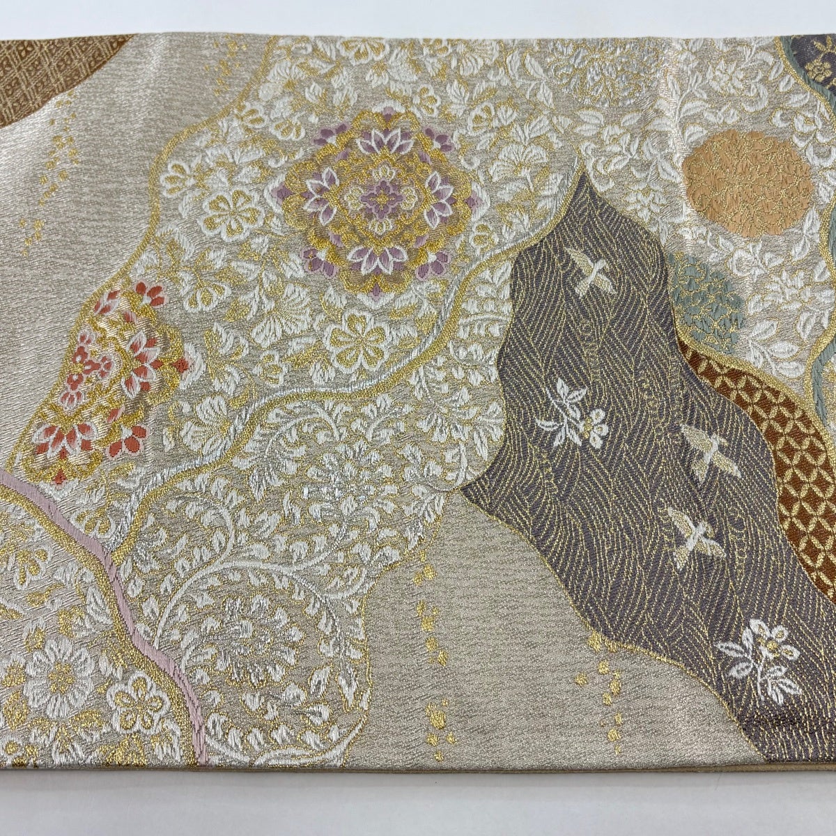 袋帯 秀品 やまと 華文 花鳥 金銀糸 箔 灰白 六通 正絹｜中古・古着