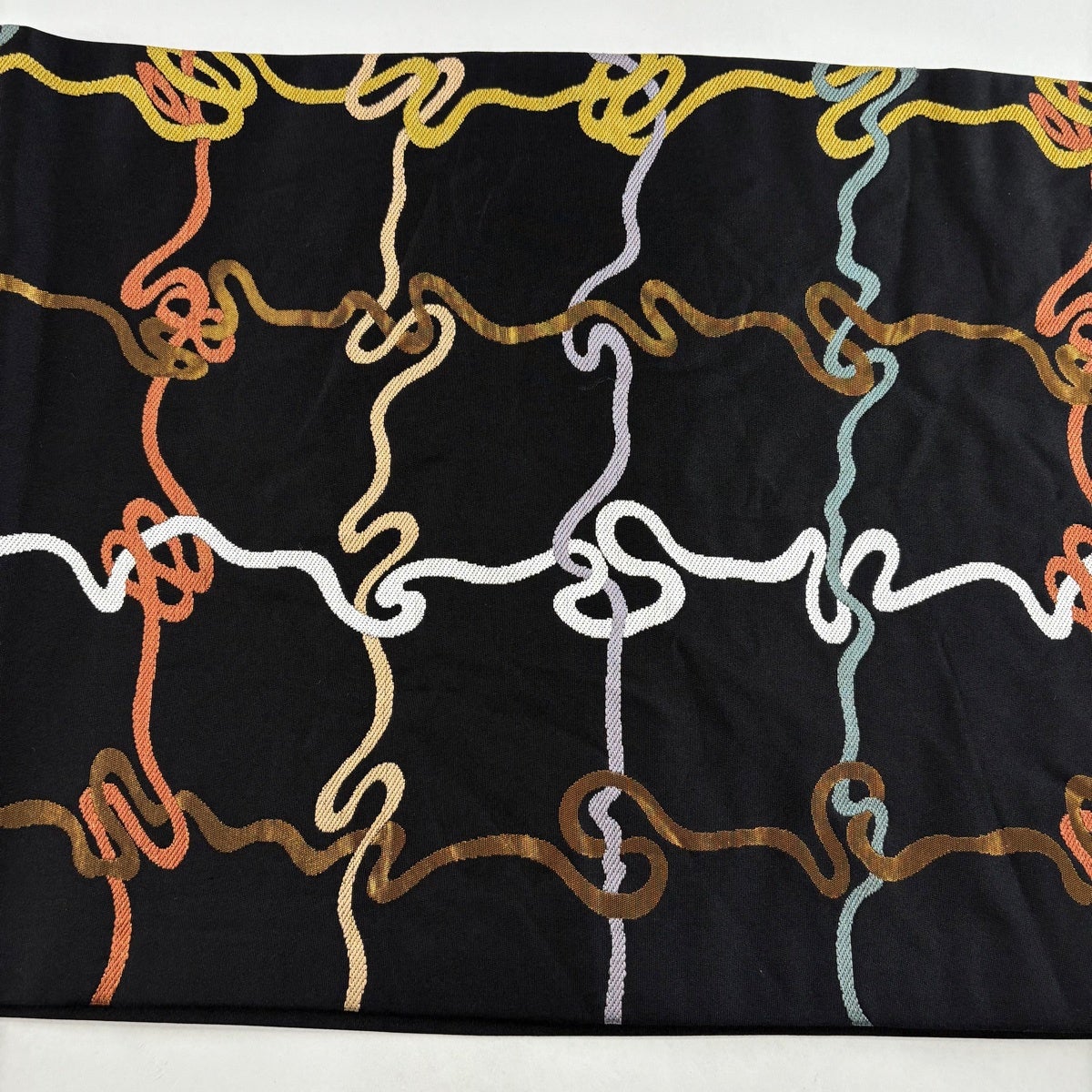 開き名古屋帯 秀品 幾何学模様 箔 金銀糸 黒 正絹｜中古・古着
