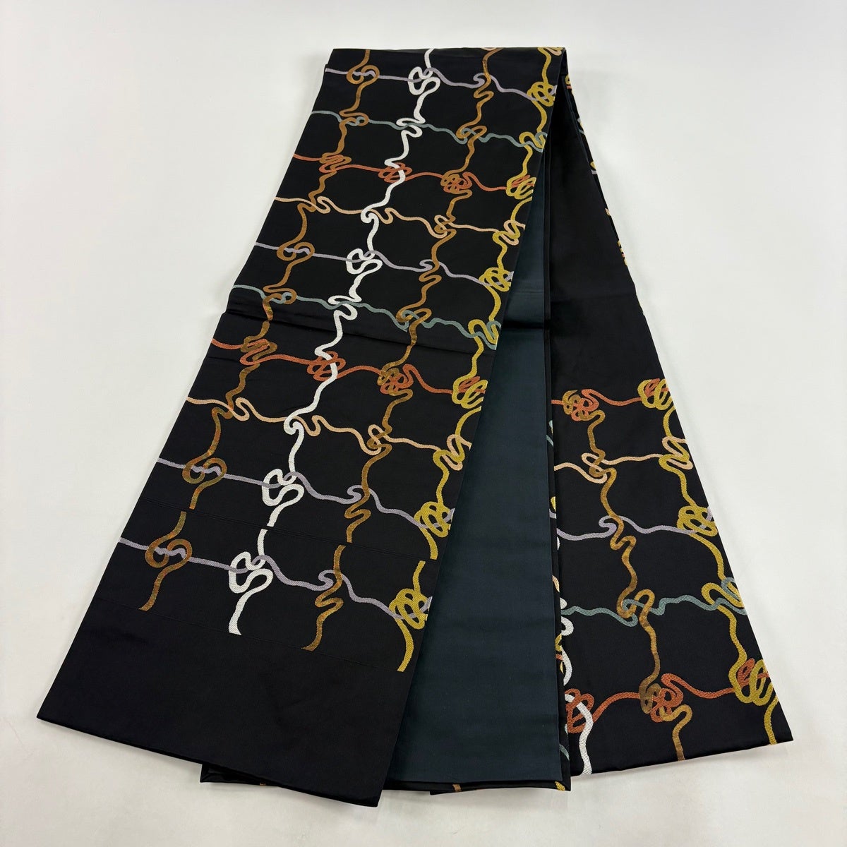 開き名古屋帯 秀品 幾何学模様 箔 金銀糸 黒 正絹｜中古・古着