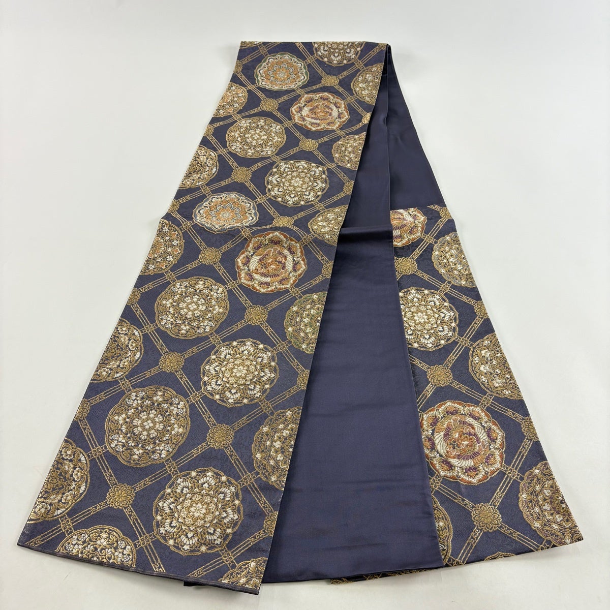 美品】 袋帯 秀品 華文 鳥 金糸 青紫 六通 正絹｜中古・古着